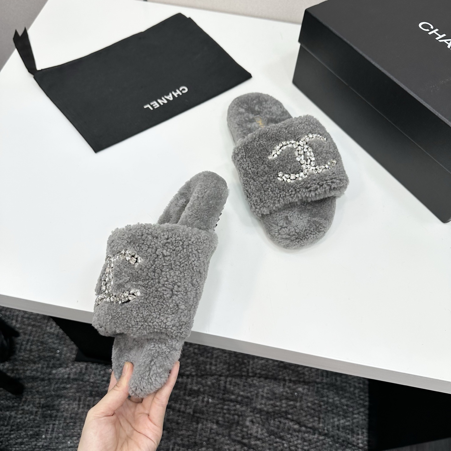 Luxury Grey Shearling Slides with Crystal Logo Embellishment