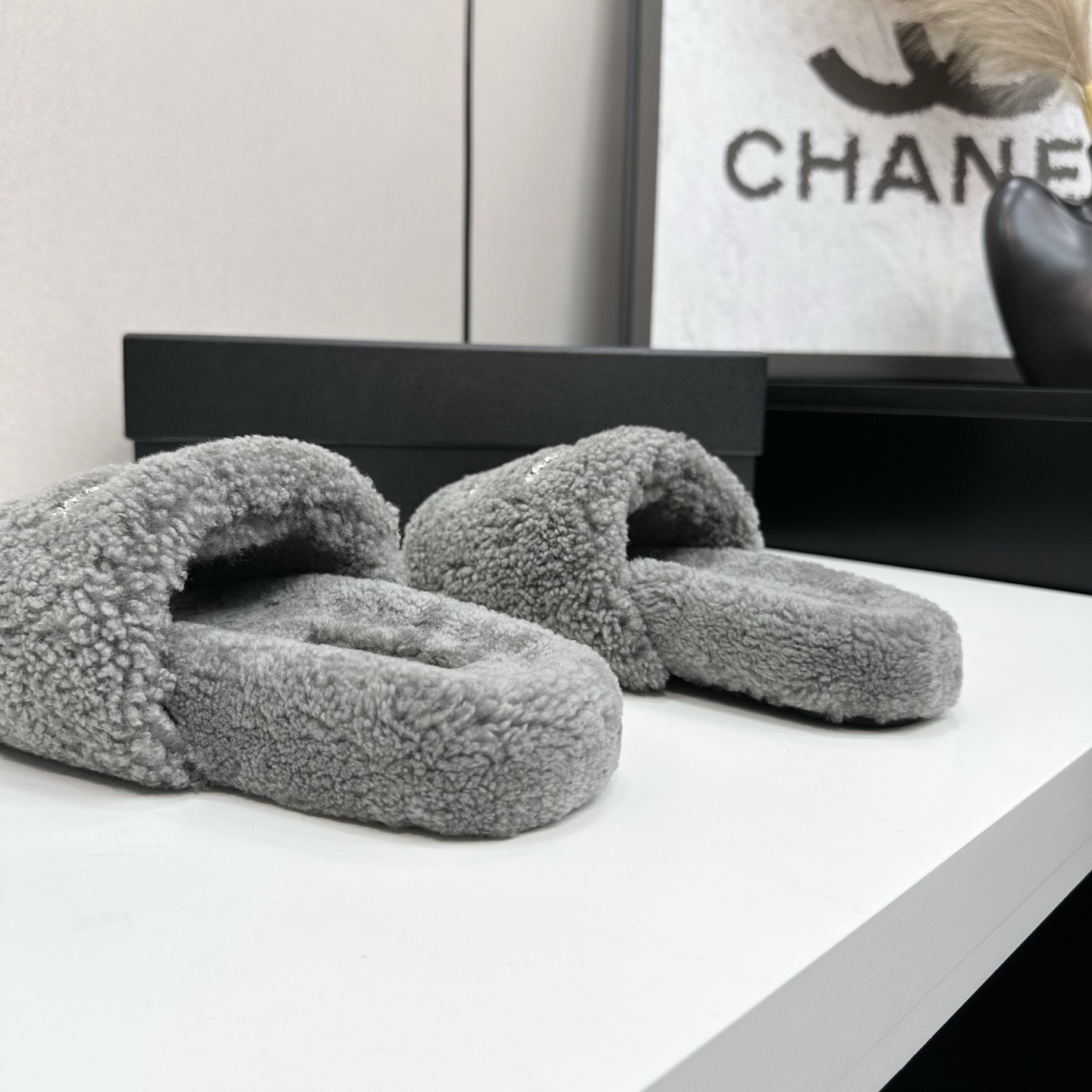 Luxury Grey Shearling Slides with Crystal Logo Embellishment