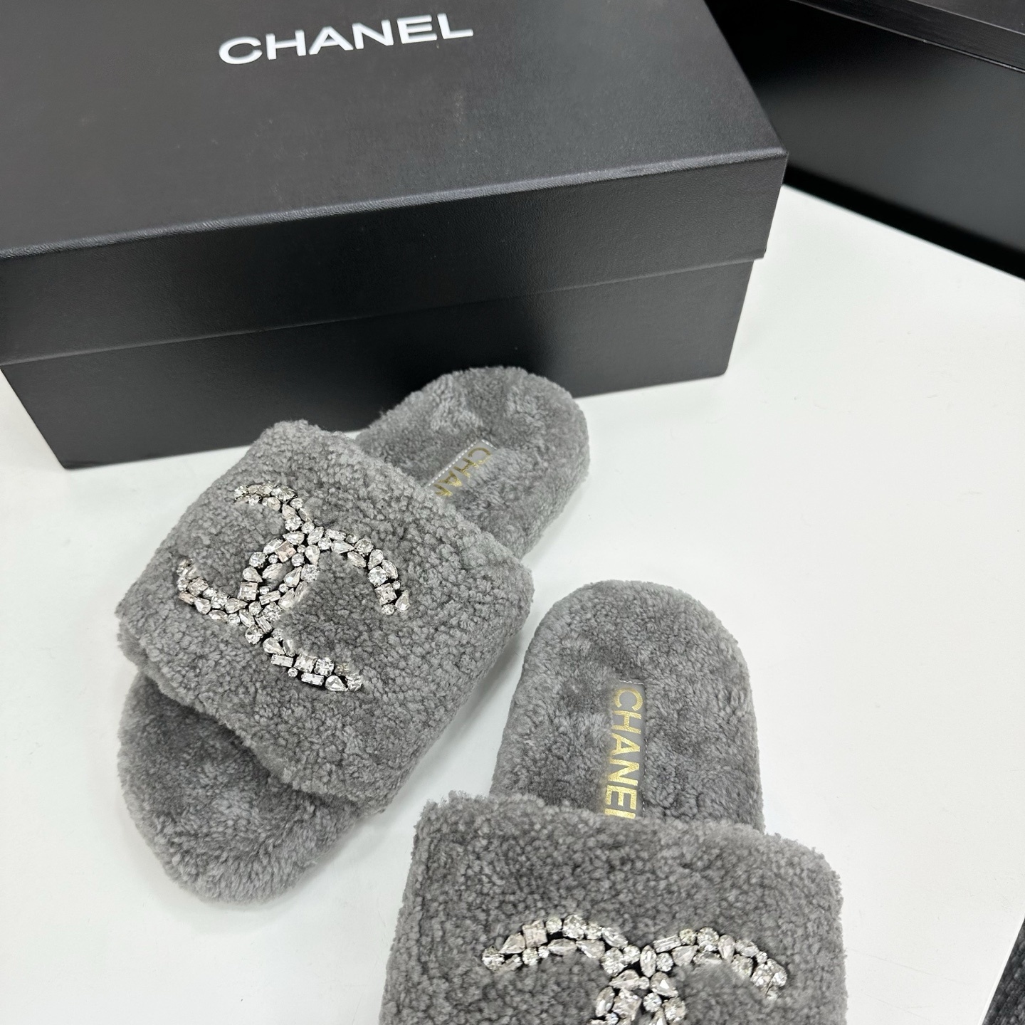 Luxury Grey Shearling Slides with Crystal Logo Embellishment