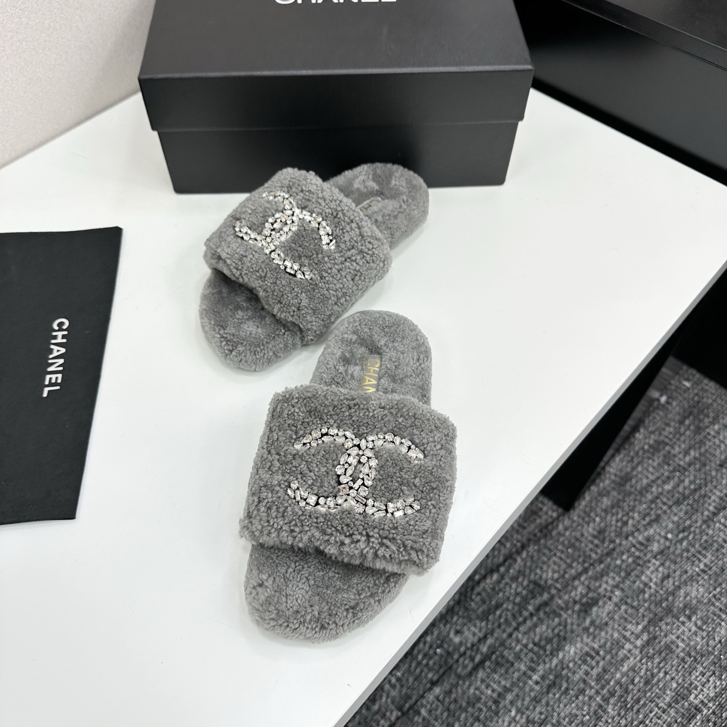 Luxury Grey Shearling Slides with Crystal Logo Embellishment
