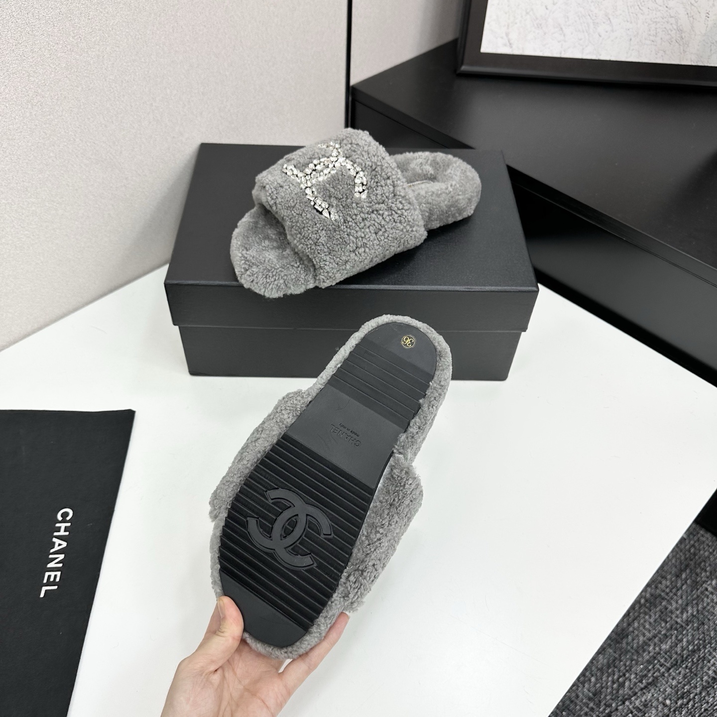 Luxury Grey Shearling Slides with Crystal Logo Embellishment