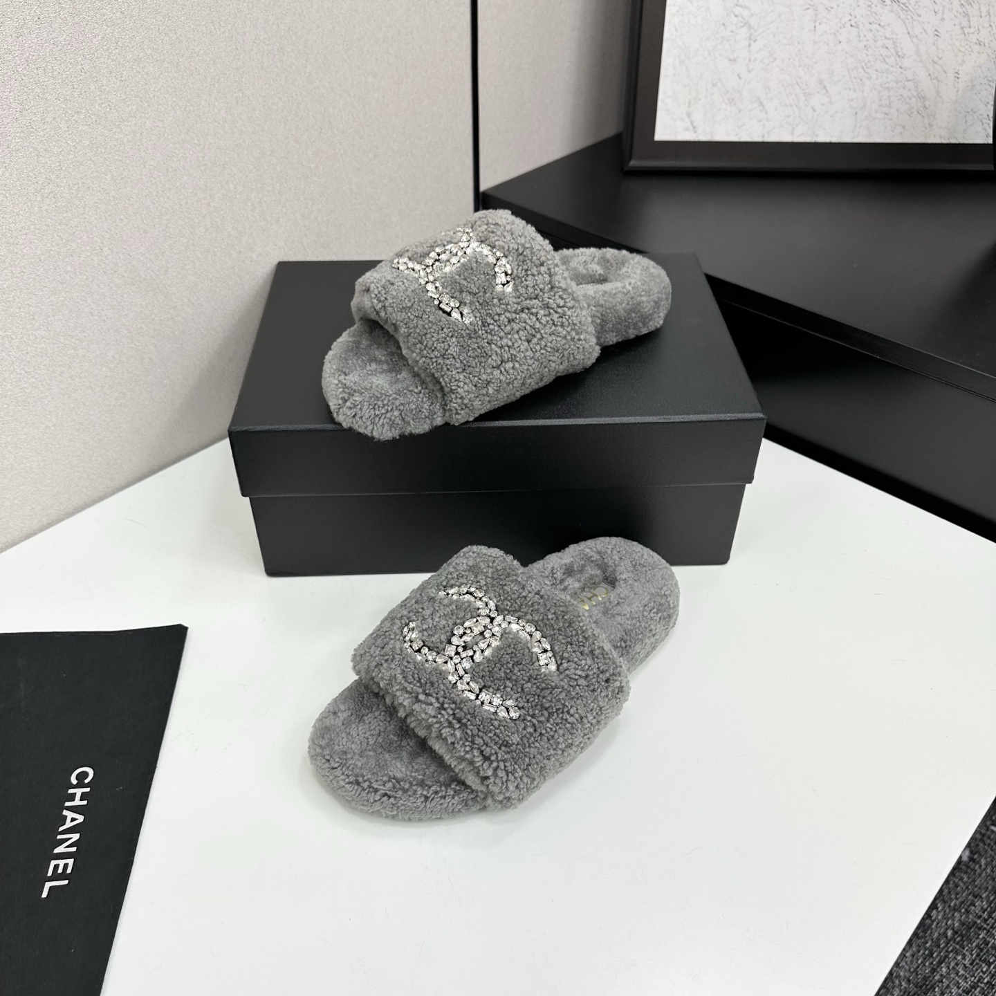Luxury Grey Shearling Slides with Crystal Logo Embellishment