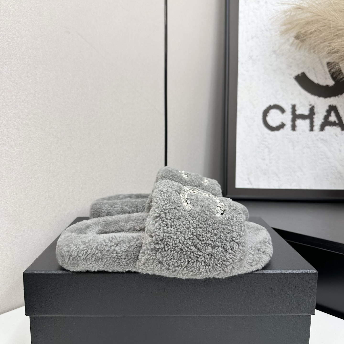 Luxury Grey Shearling Slides with Crystal Logo Embellishment