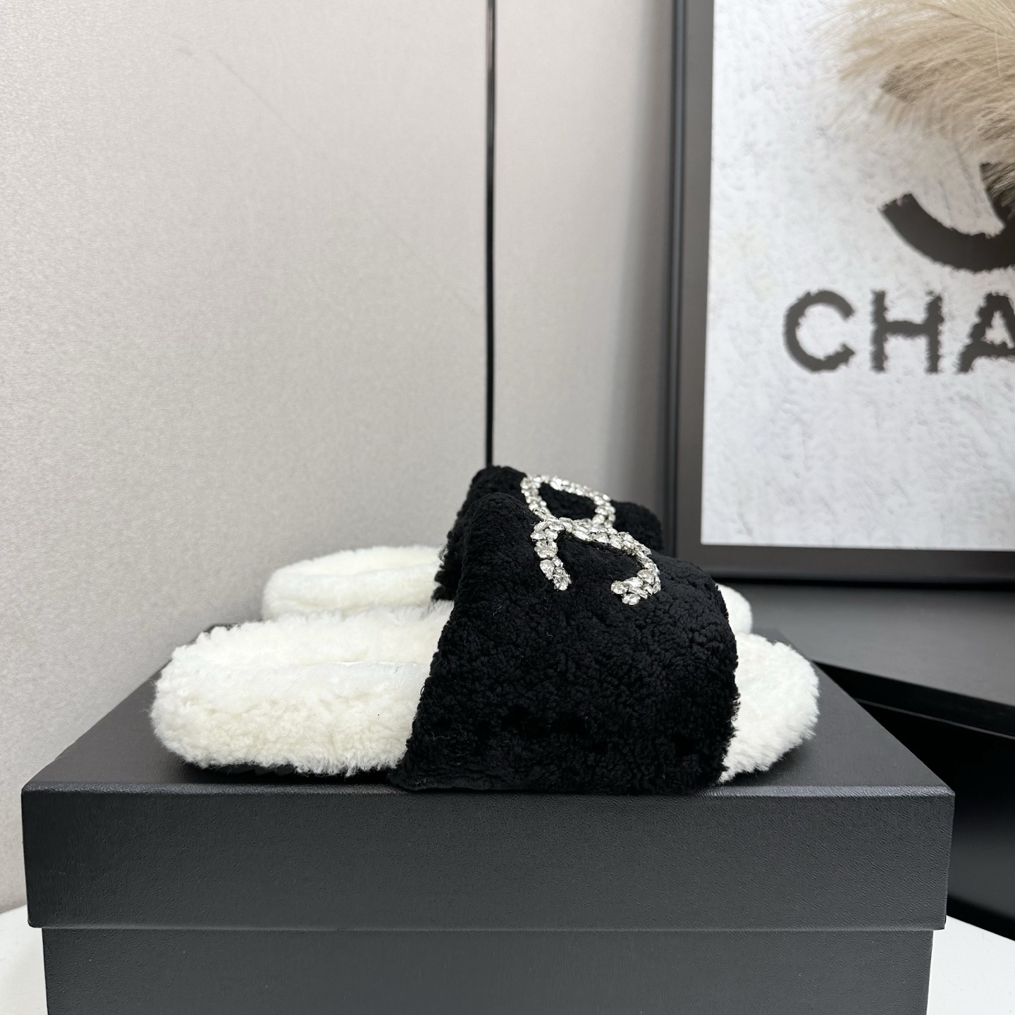 Luxury Crystal Logo Shearling Slides – Chic Faux Fur Sandals