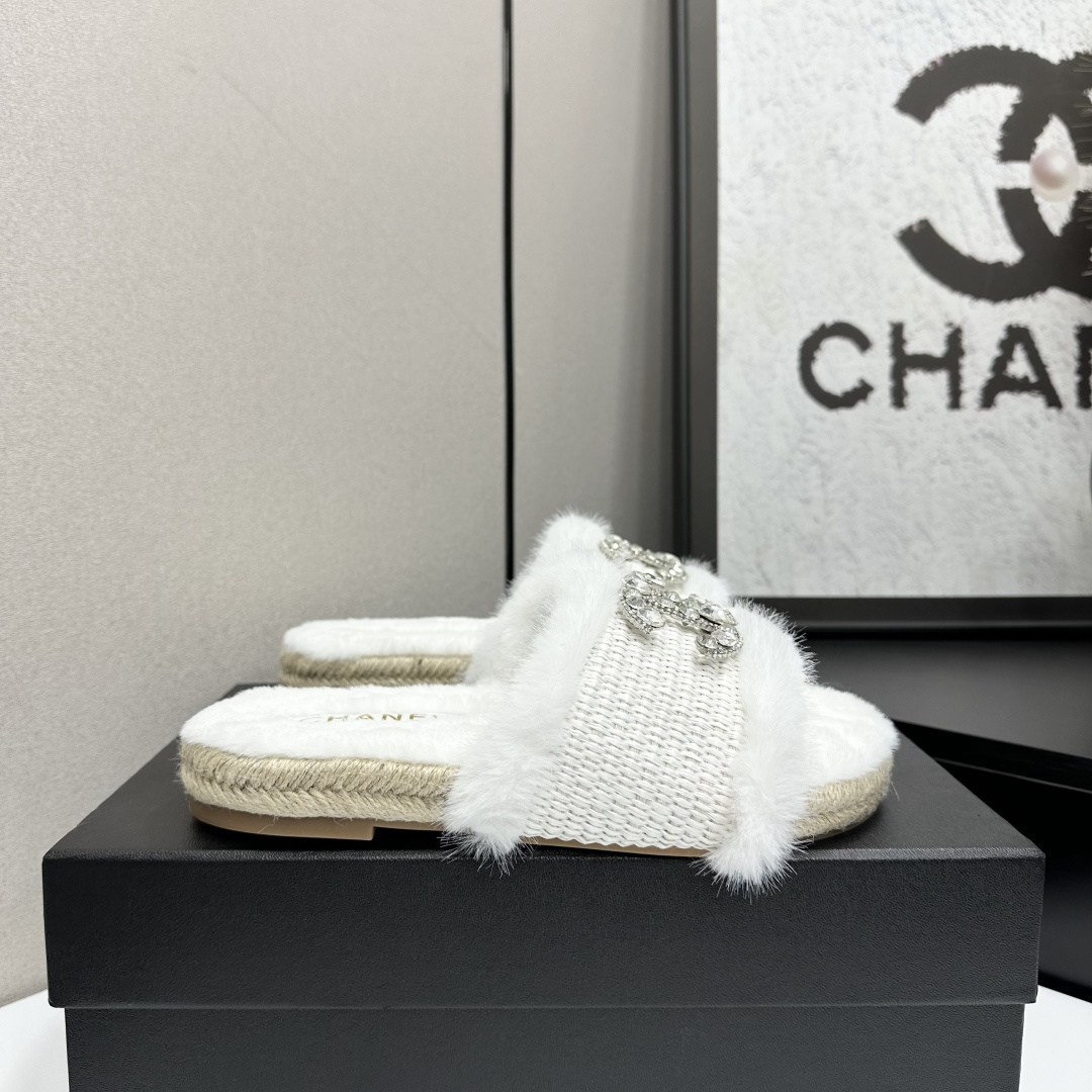 Luxury White Faux Fur Espadrille Slides with Crystal Logo