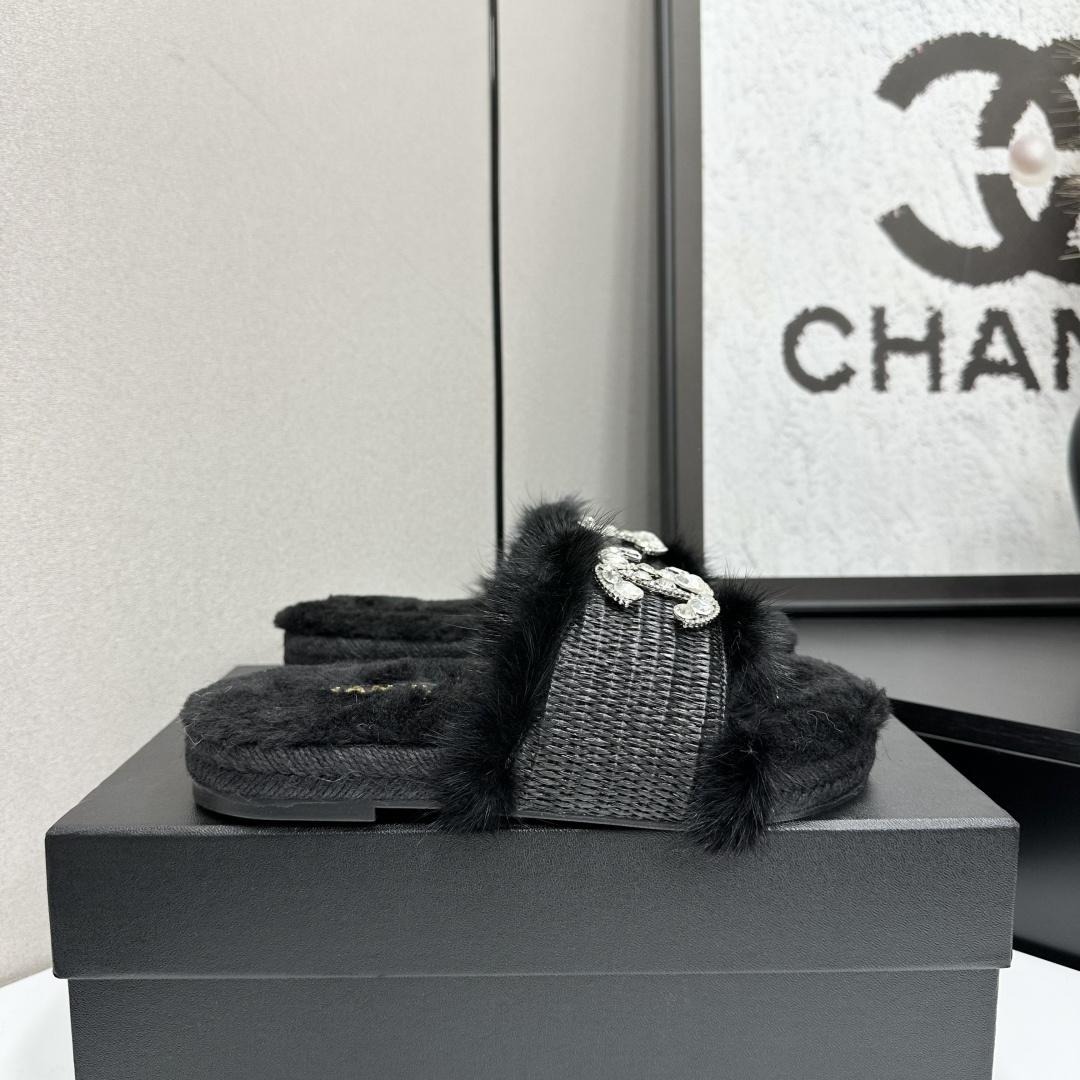 Luxury Black Fuzzy Slides with Crystal Logo Embellishment