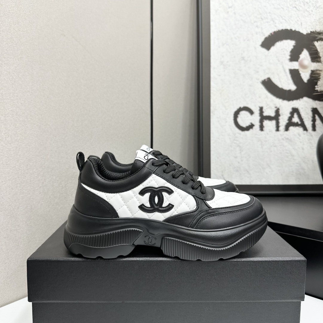 Chanel Quilted Leather Sneakers Black & White Chunky Platform