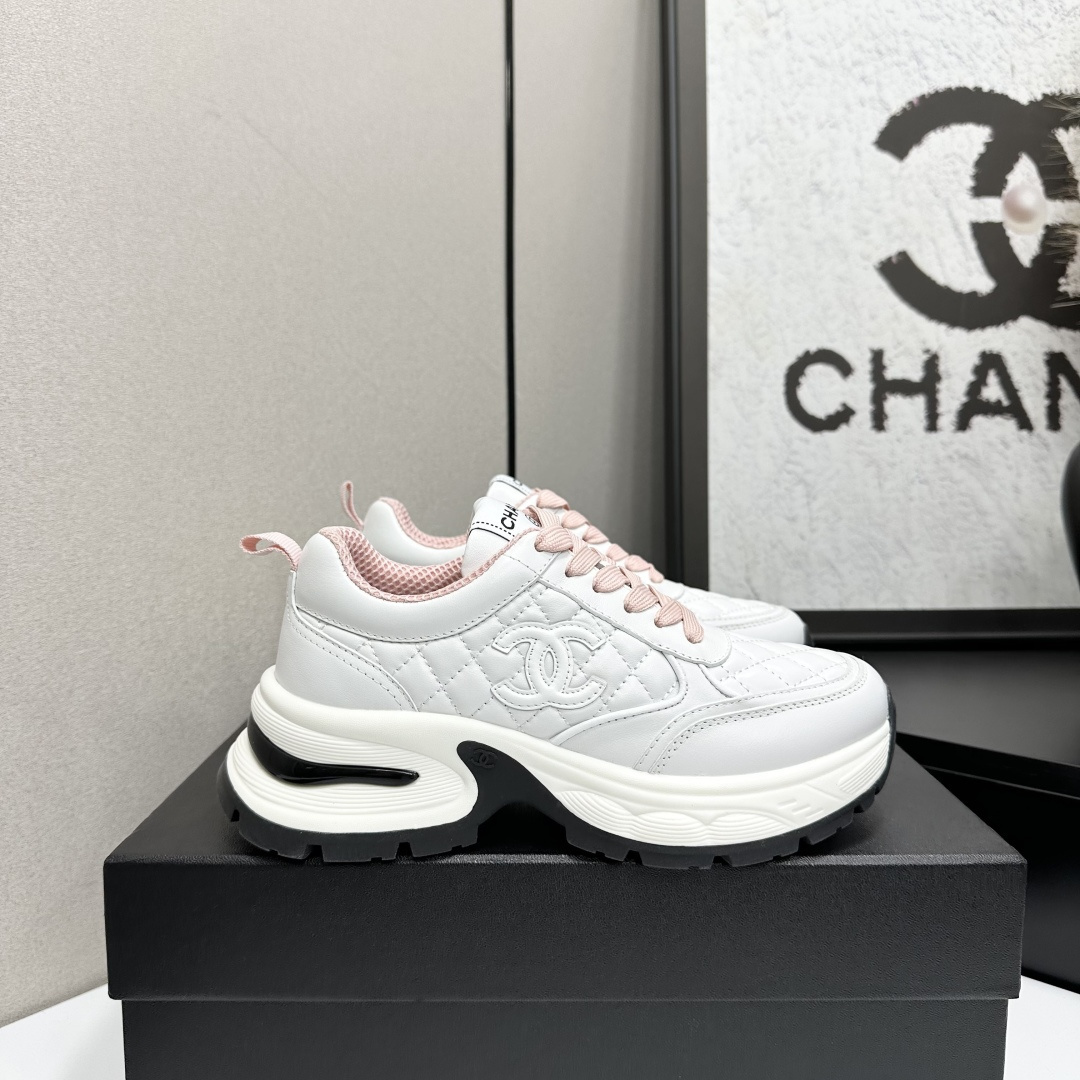 Luxury Chanel Quilted White & Pink Leather Platform Sneakers