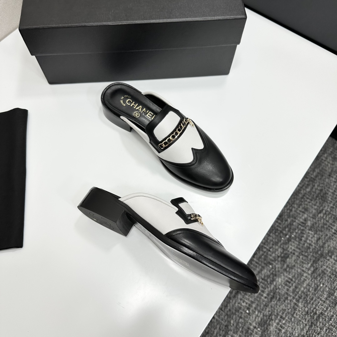 Chanel Two-Tone Leather Loafer Mules with Gold CC Chain Detail