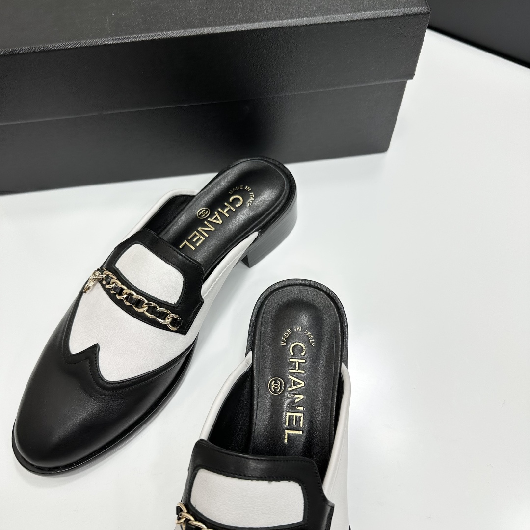 Chanel Two-Tone Leather Loafer Mules with Gold CC Chain Detail