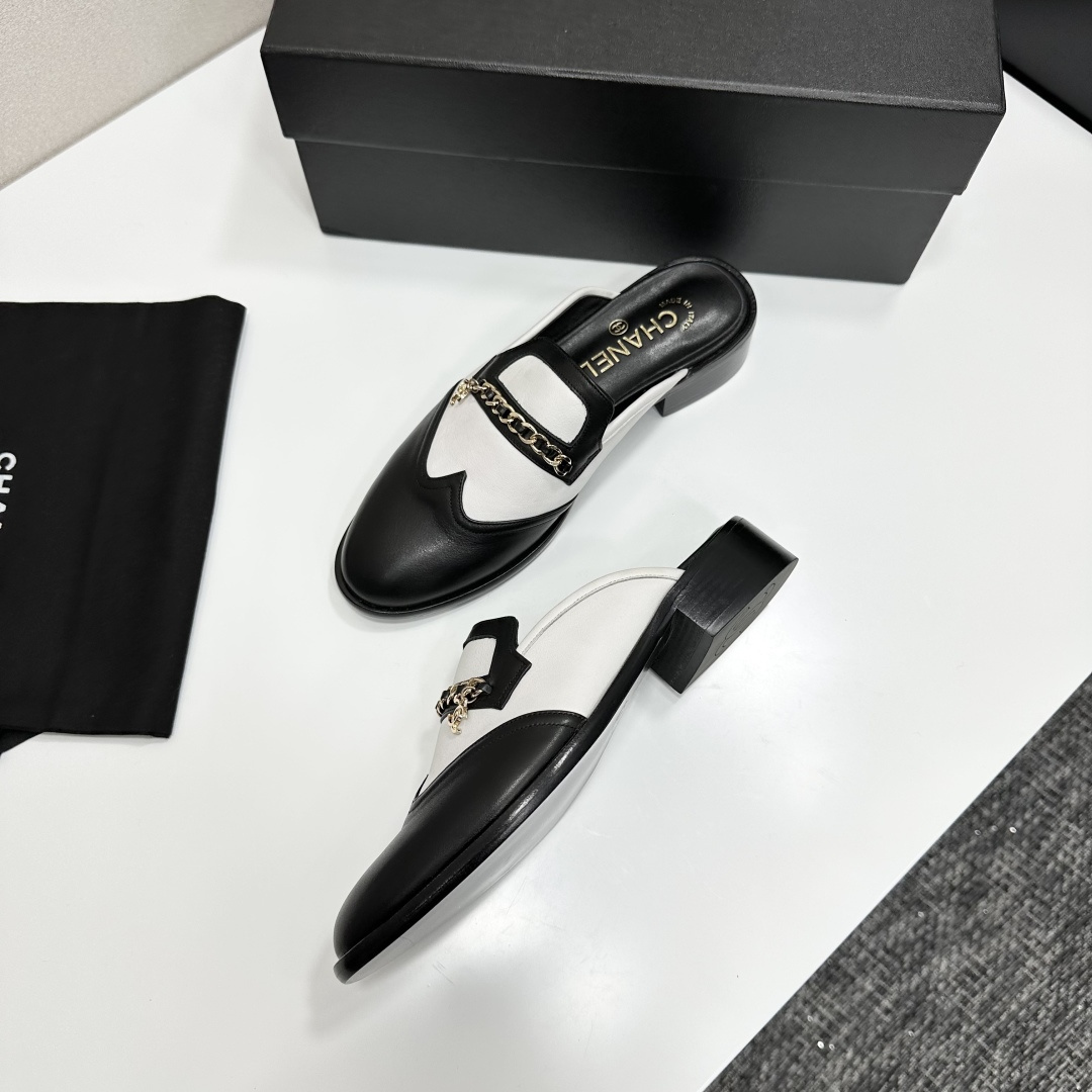 Chanel Two-Tone Leather Loafer Mules with Gold CC Chain Detail
