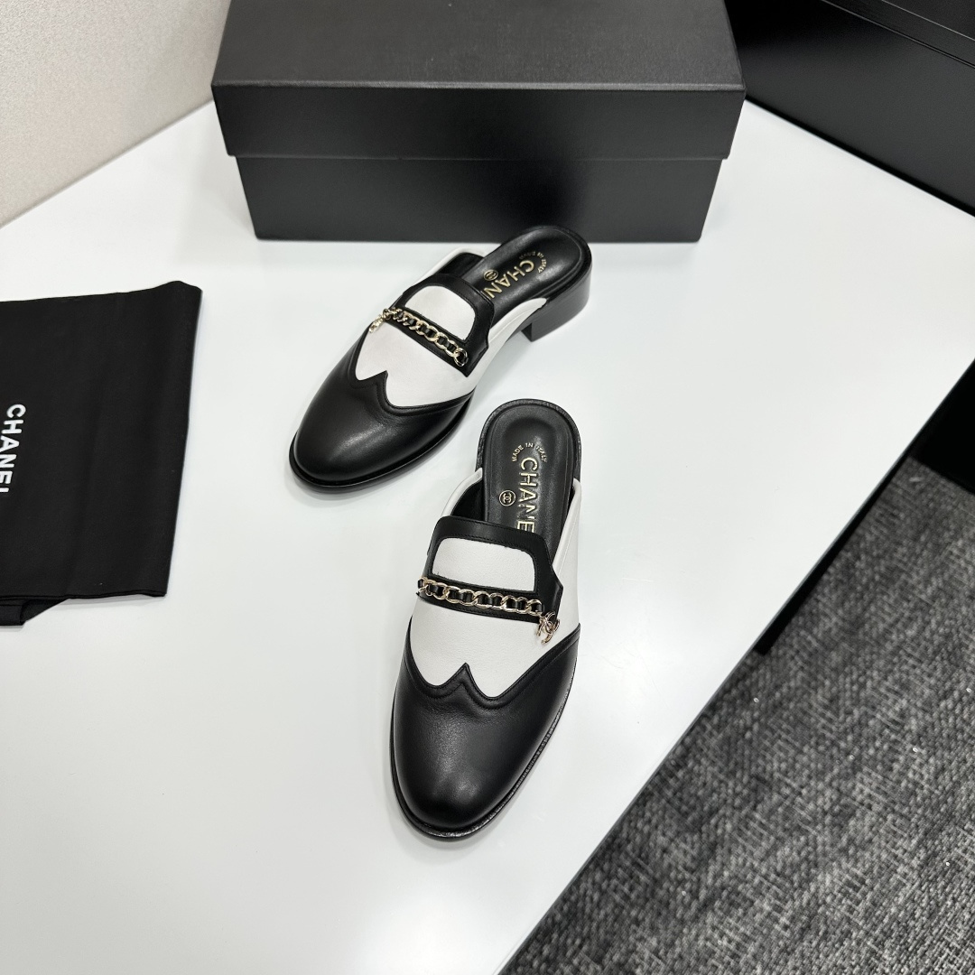 Chanel Two-Tone Leather Loafer Mules with Gold CC Chain Detail