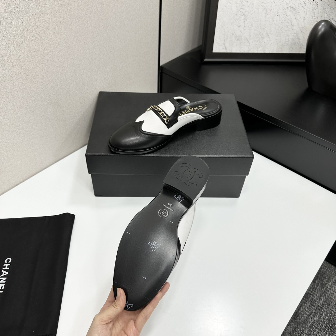 Chanel Two-Tone Leather Loafer Mules with Gold CC Chain Detail