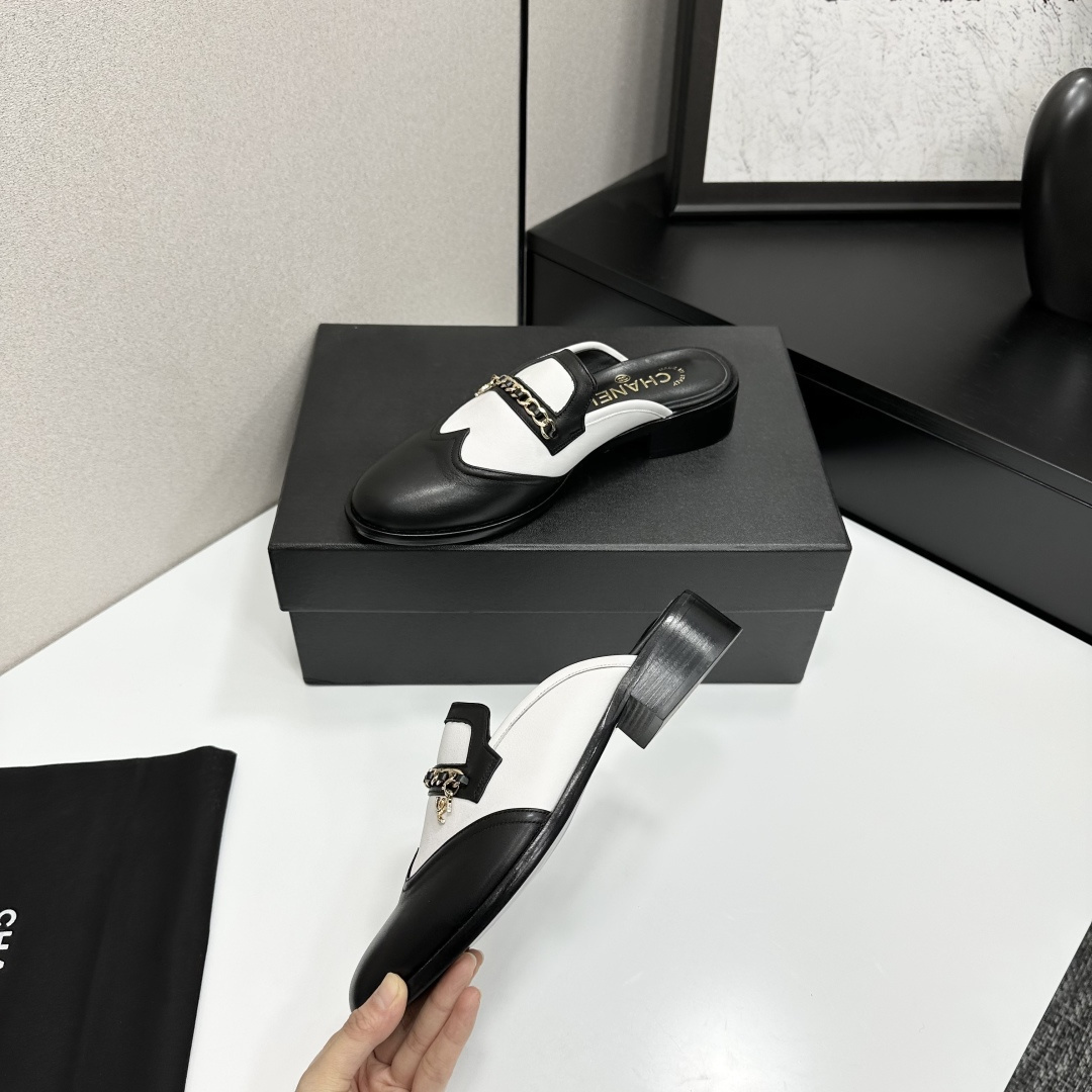 Chanel Two-Tone Leather Loafer Mules with Gold CC Chain Detail