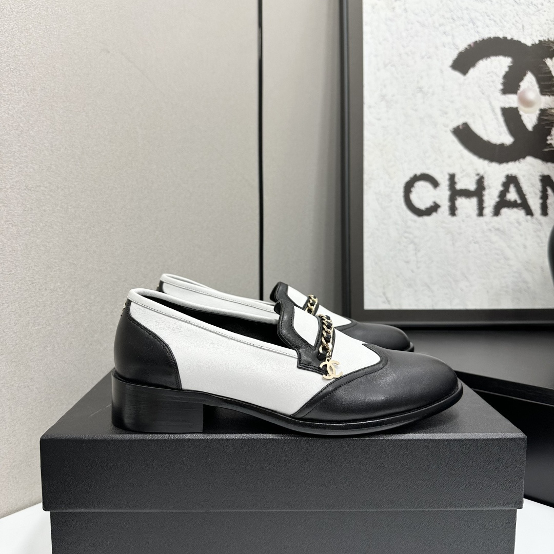 Chanel Black & White Two-Tone Leather Loafers with CC Gold Chain