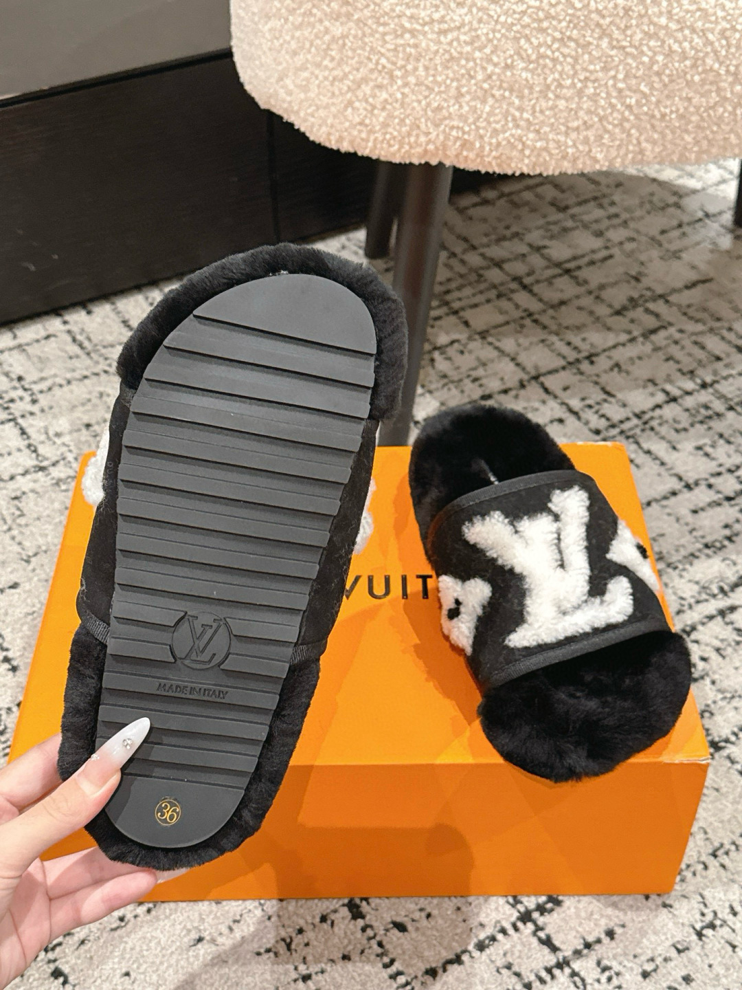 Louis Vuitton LV Plush Shearling Slippers - Luxury Black & White Slides