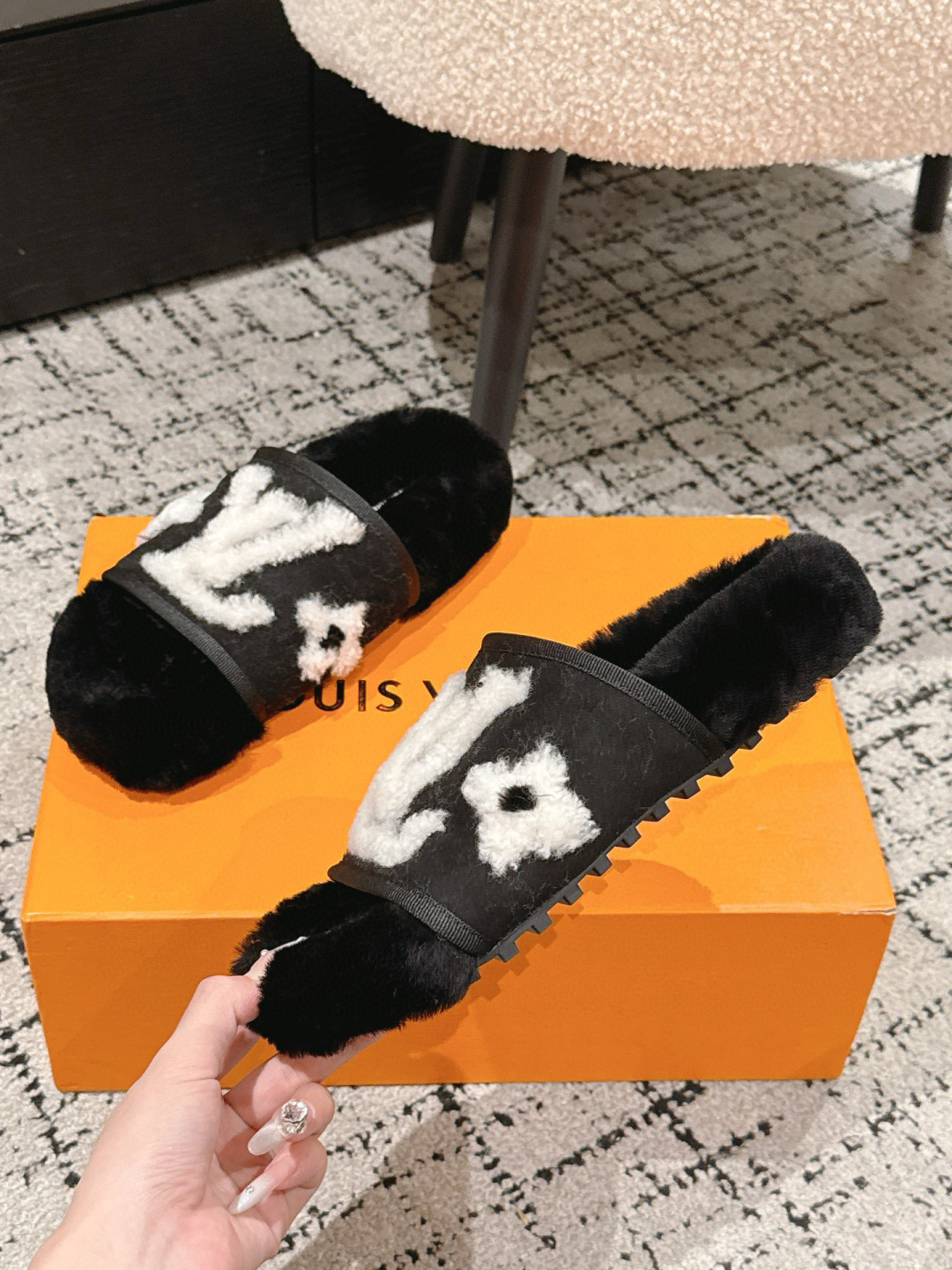 Louis Vuitton LV Plush Shearling Slippers - Luxury Black & White Slides