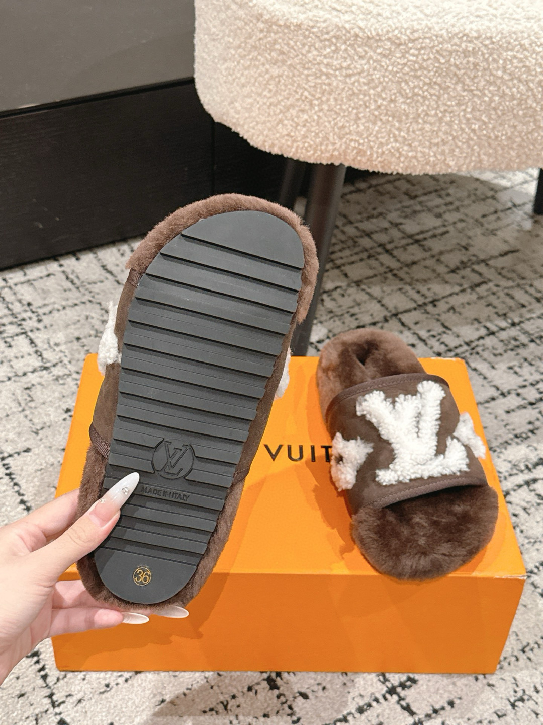 Louis Vuitton Brown Shearling LV Logo Slides - Luxury Fur Slippers