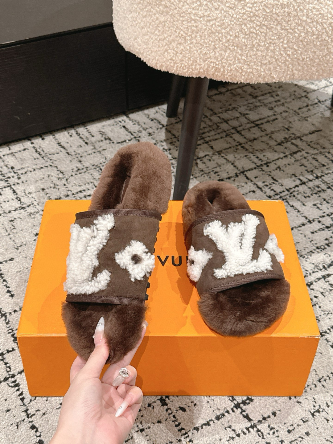 Louis Vuitton Brown Shearling LV Logo Slides - Luxury Fur Slippers