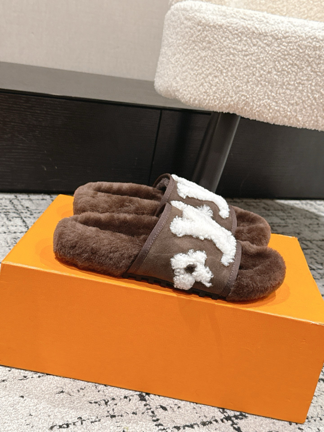 Louis Vuitton Brown Shearling LV Logo Slides - Luxury Fur Slippers