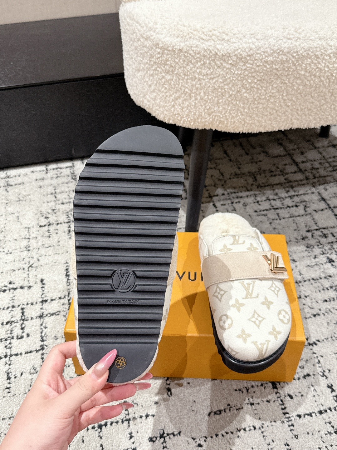 Louis Vuitton Monogram Shearling Mules - Luxury Cream Slip-On Shoes