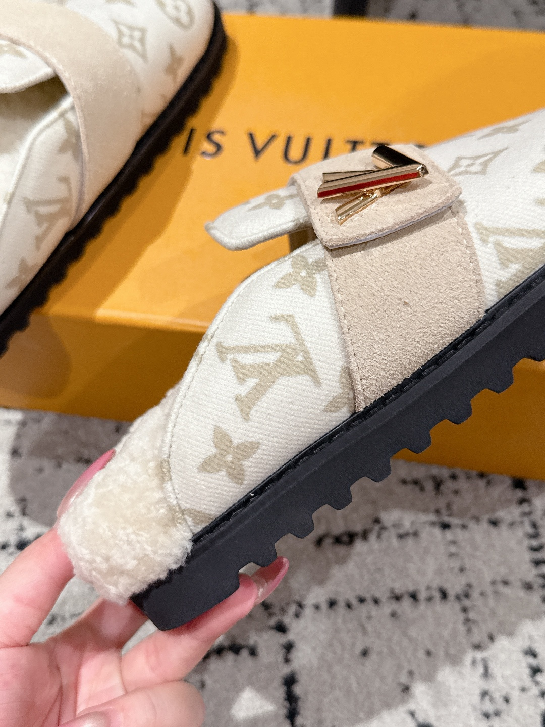 Louis Vuitton Monogram Shearling Mules - Luxury Cream Slip-On Shoes