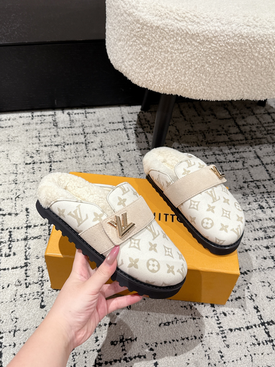 Louis Vuitton Monogram Shearling Mules - Luxury Cream Slip-On Shoes