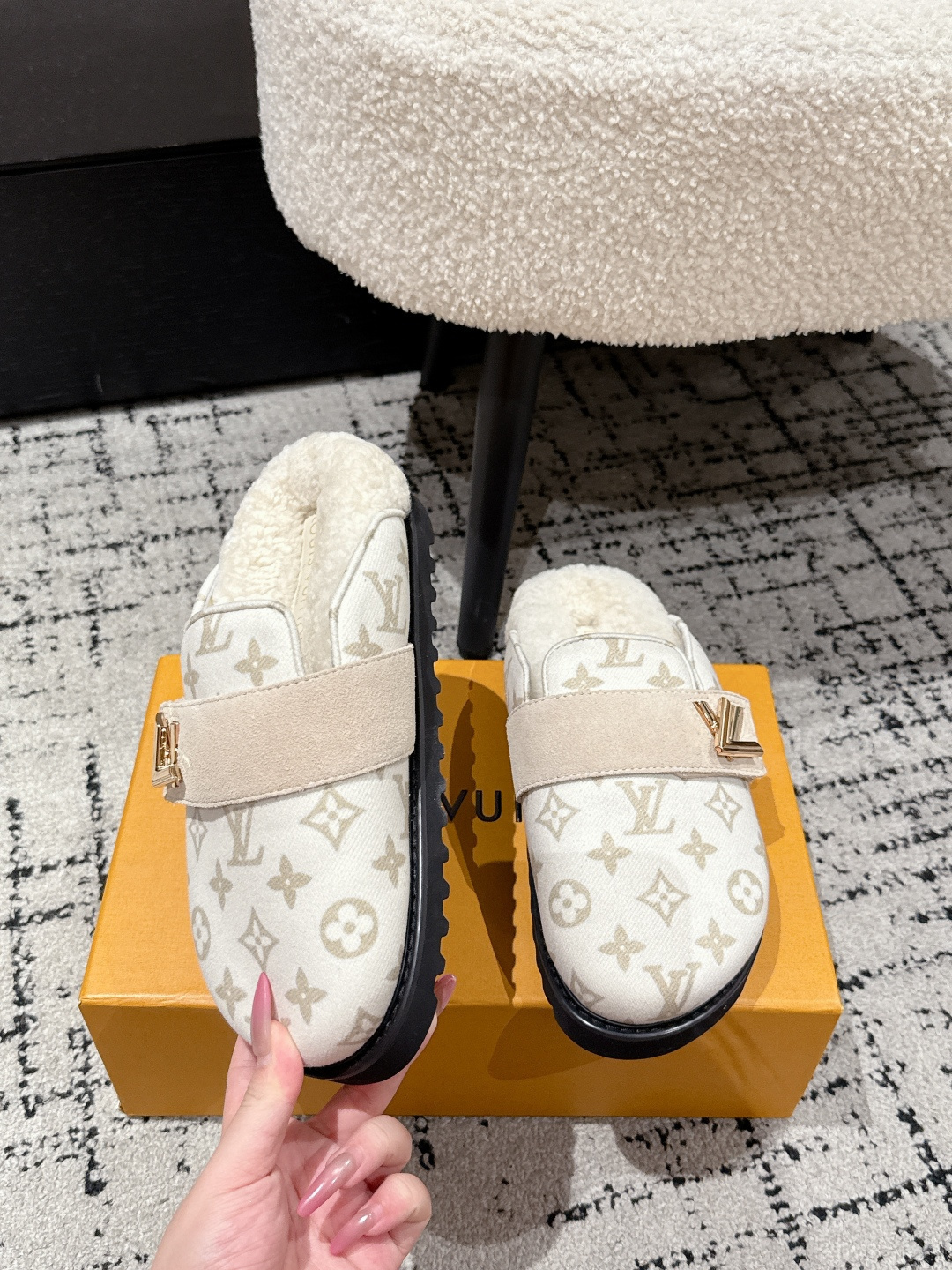 Louis Vuitton Monogram Shearling Mules - Luxury Cream Slip-On Shoes