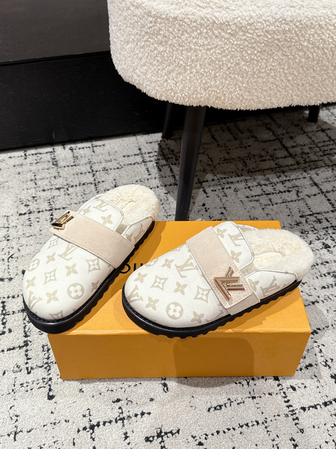 Louis Vuitton Monogram Shearling Mules - Luxury Cream Slip-On Shoes