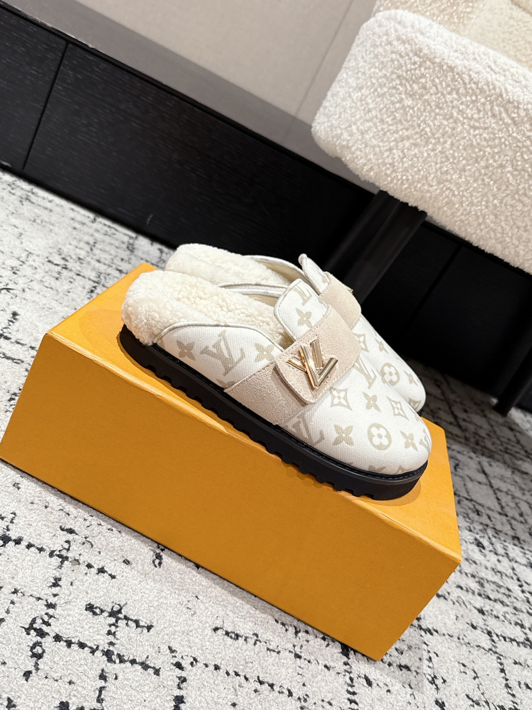 Louis Vuitton Monogram Shearling Mules - Luxury Cream Slip-On Shoes