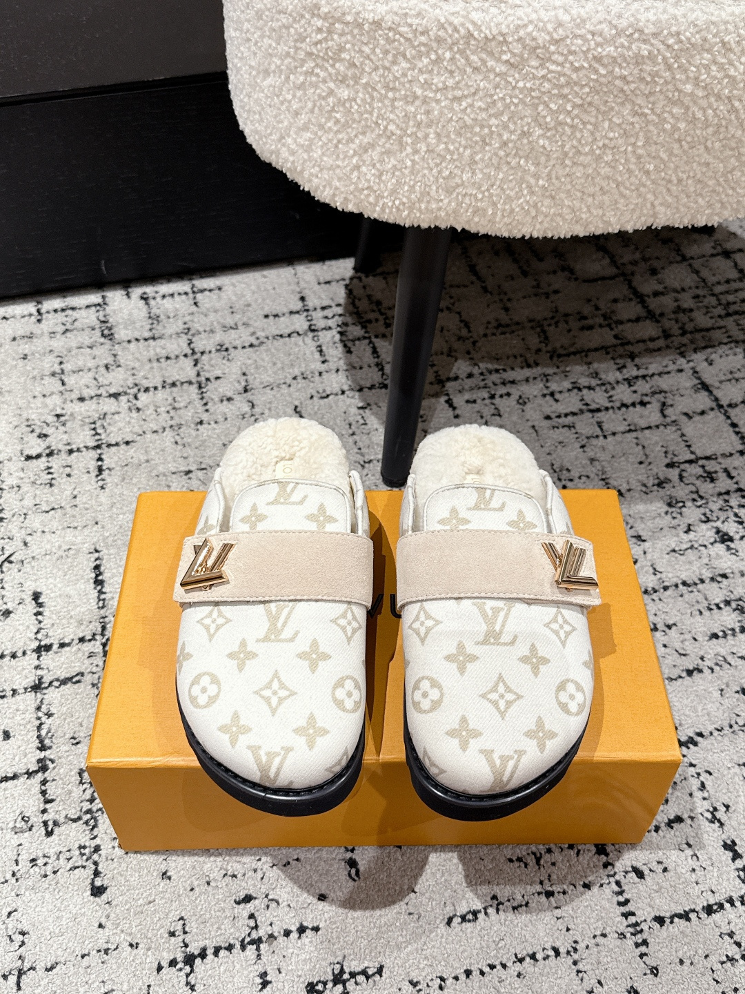 Louis Vuitton Monogram Shearling Mules – Luxury Cream Slip-On Shoes