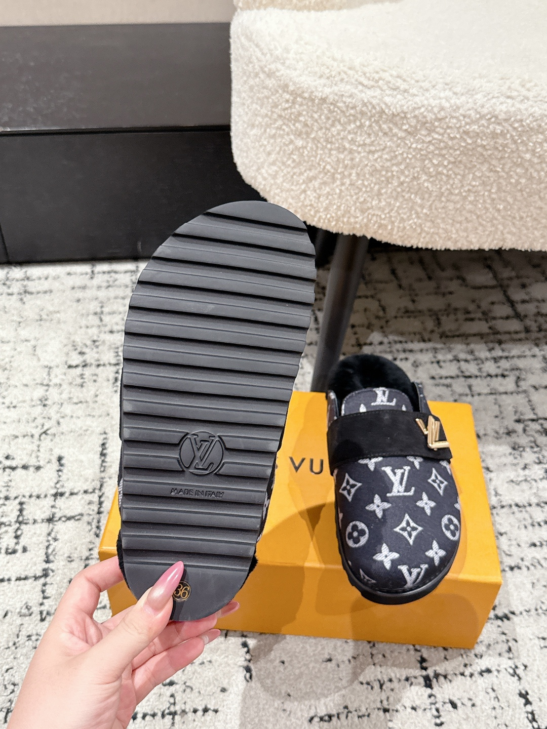 Louis Vuitton Monogram Fur-Lined Mules - Luxury Black Slippers