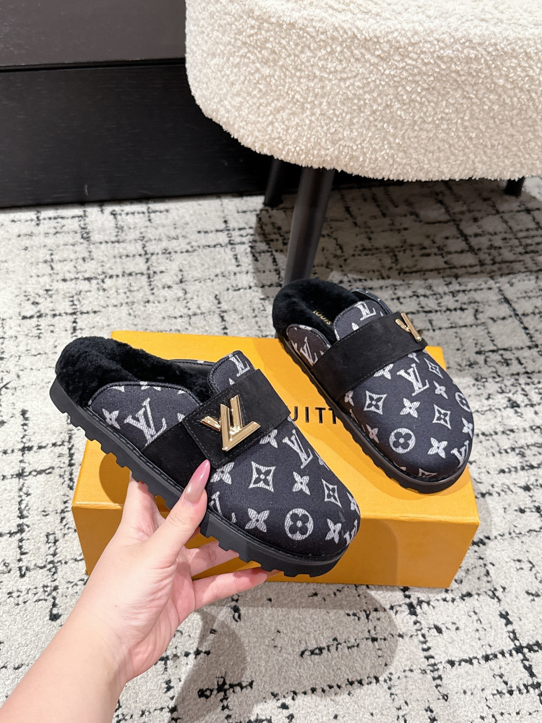 Louis Vuitton Monogram Fur-Lined Mules - Luxury Black Slippers