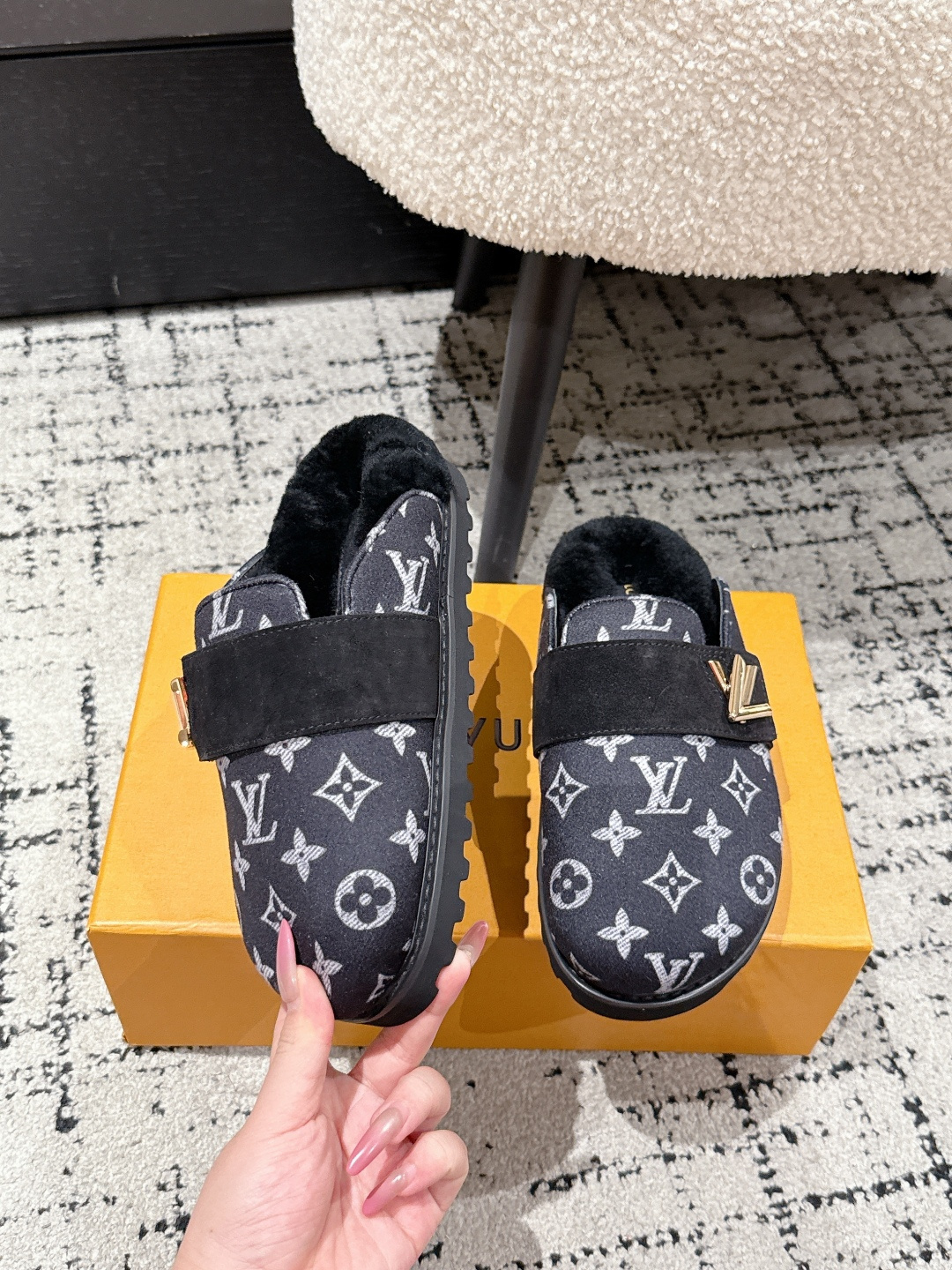Louis Vuitton Monogram Fur-Lined Mules - Luxury Black Slippers