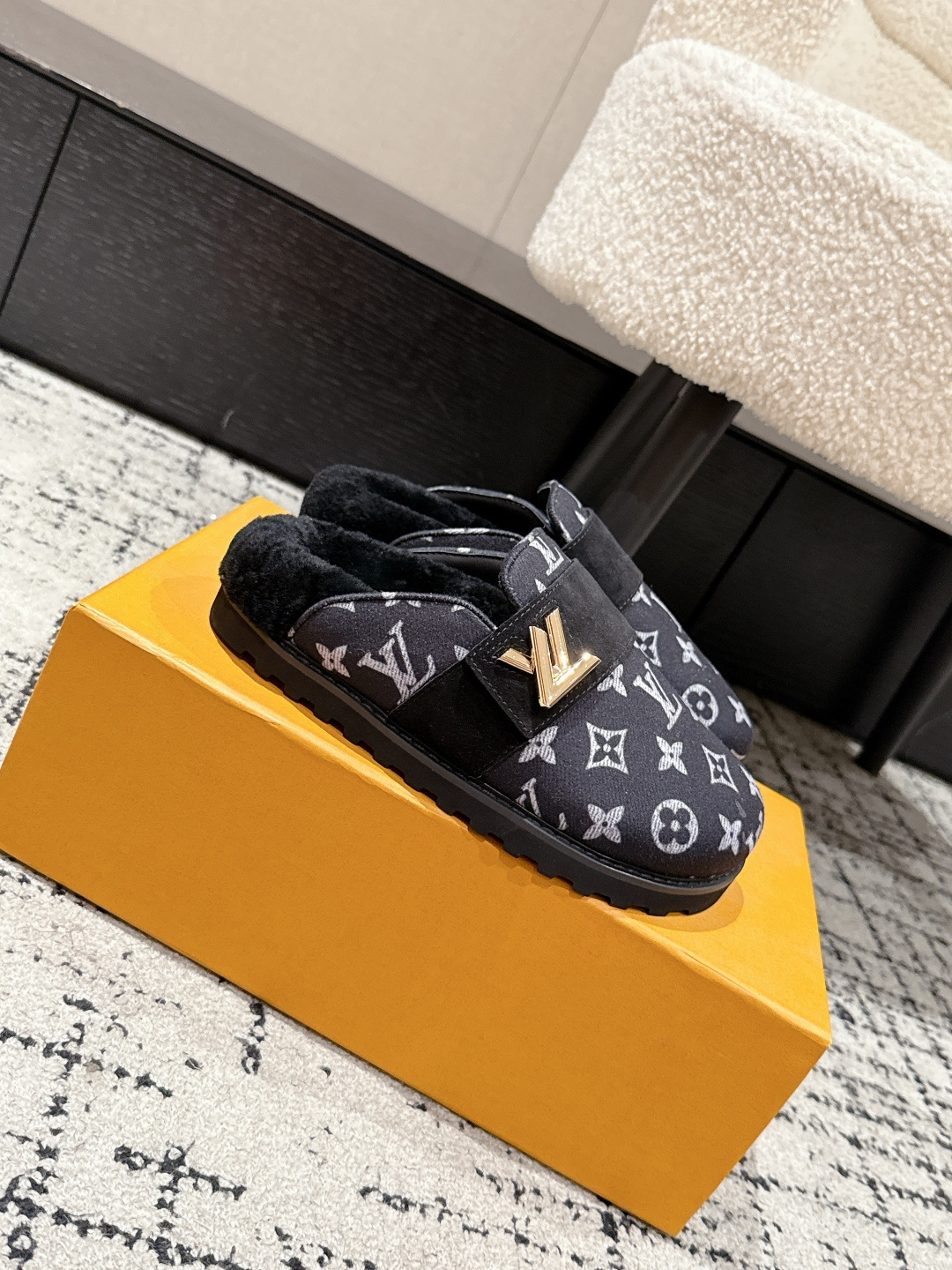 Louis Vuitton Monogram Fur-Lined Mules - Luxury Black Slippers