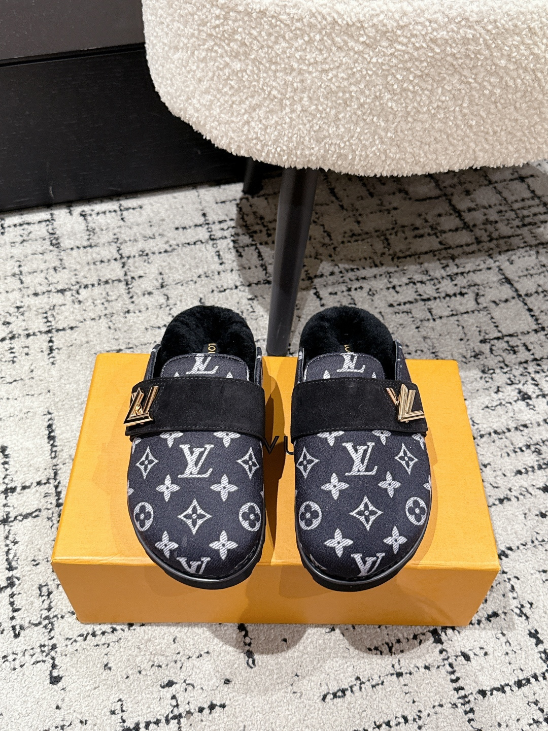 Louis Vuitton Monogram Fur-Lined Mules – Luxury Black Slippers