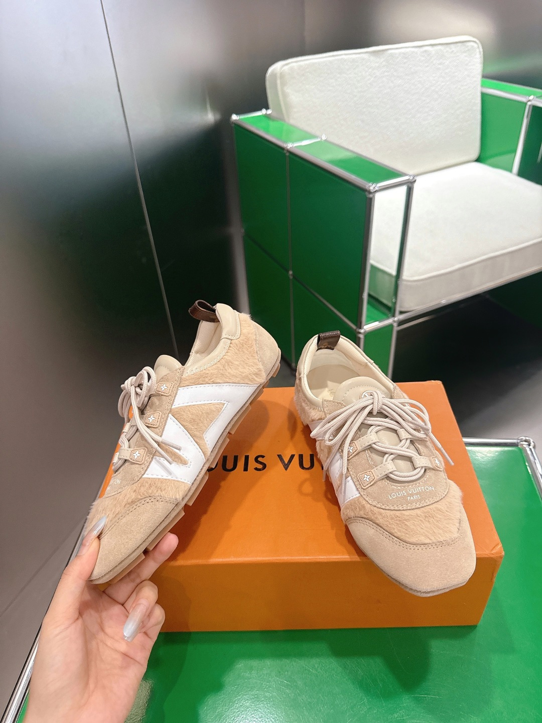 Louis Vuitton Beige Suede and Shearling Luxury Sneakers