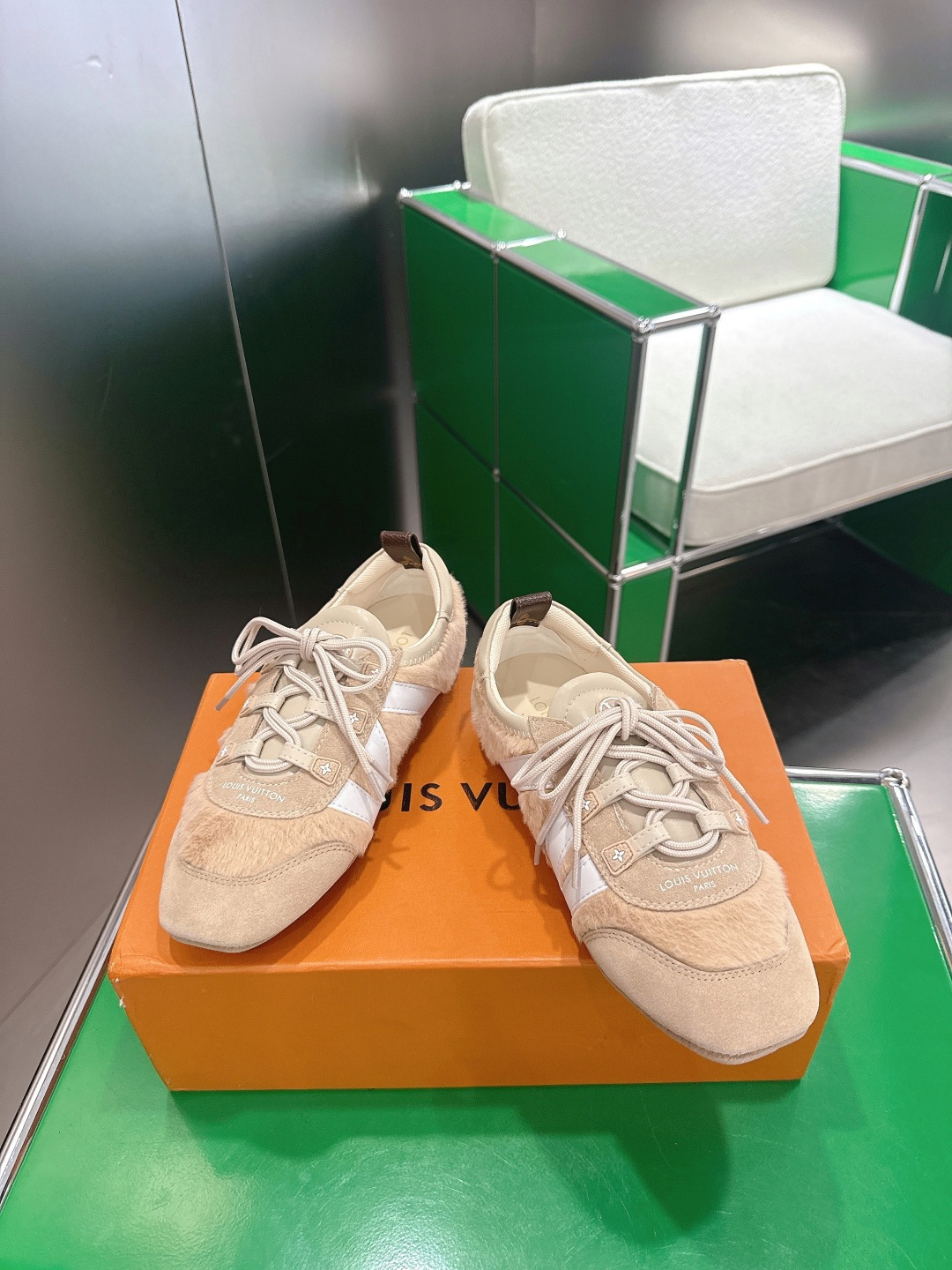 Louis Vuitton Beige Suede and Shearling Luxury Sneakers