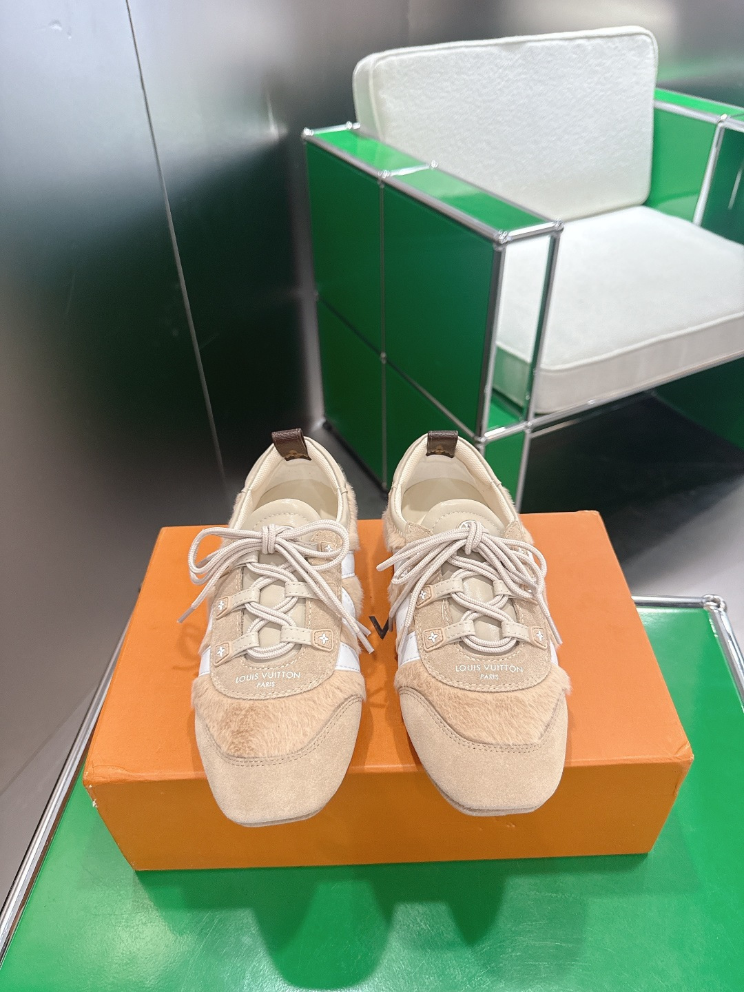 Louis Vuitton Beige Suede and Shearling Luxury Sneakers