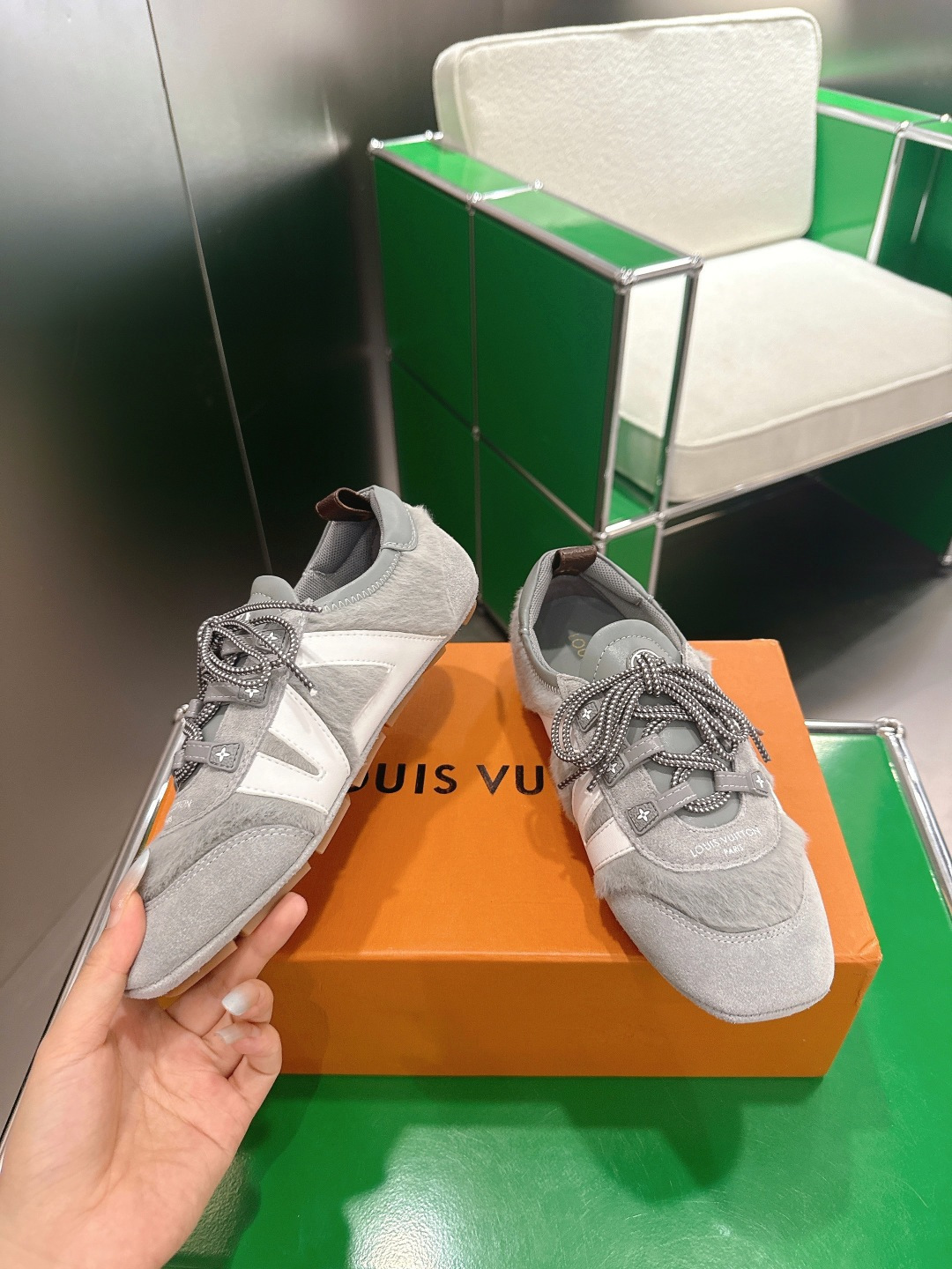 Louis Vuitton Run 55 Grey Suede & Fur Detail Luxury Sneakers