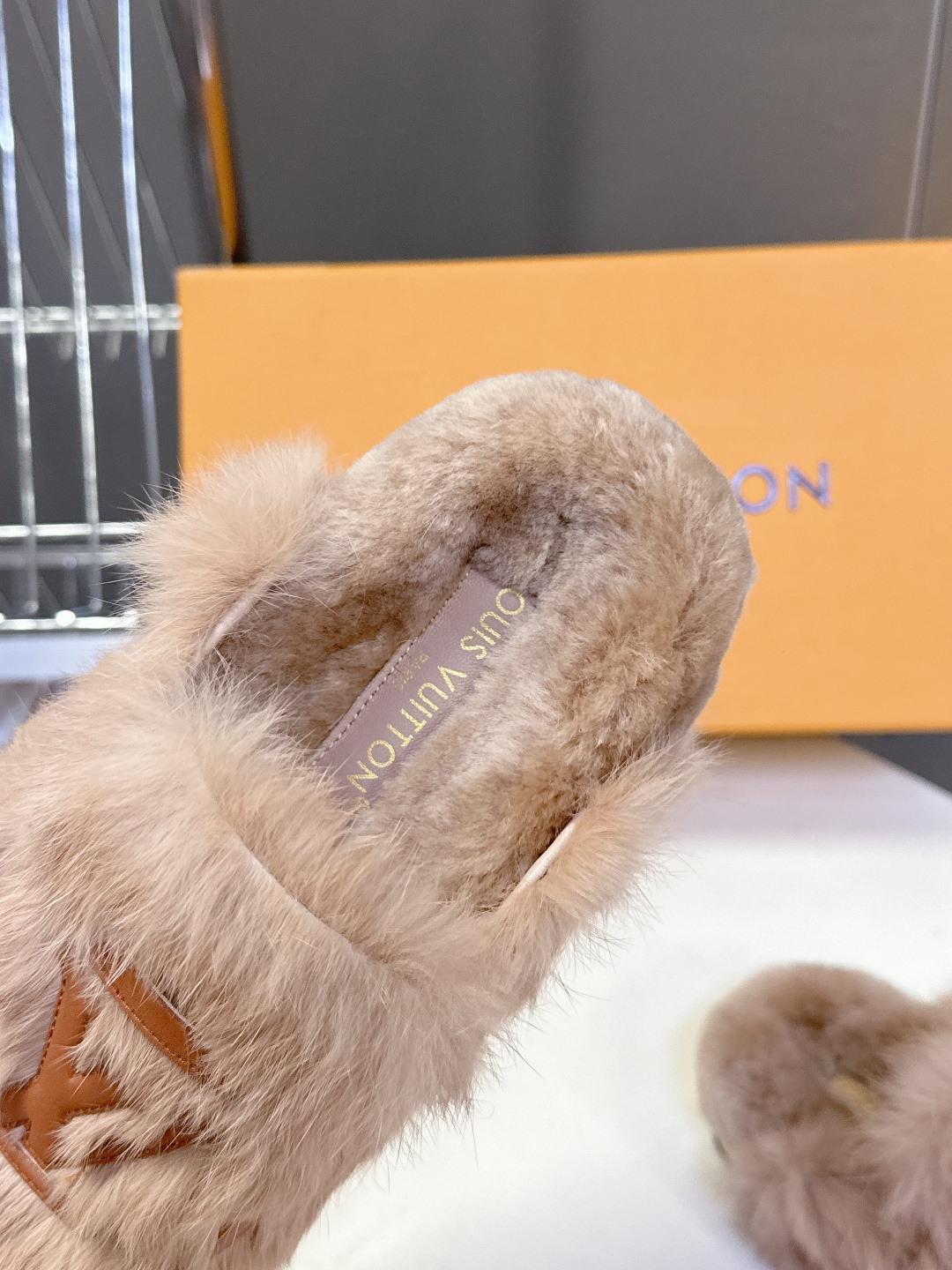 Designer Faux Fur Slippers - Luxury LV Monogram Beige Mules