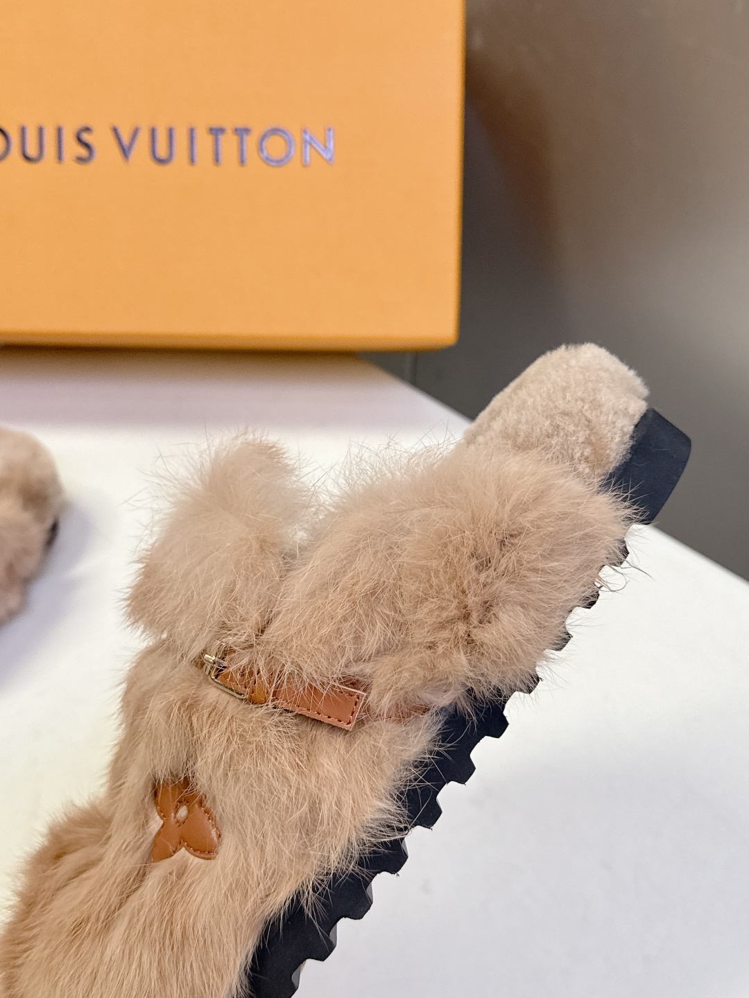 Designer Faux Fur Slippers - Luxury LV Monogram Beige Mules