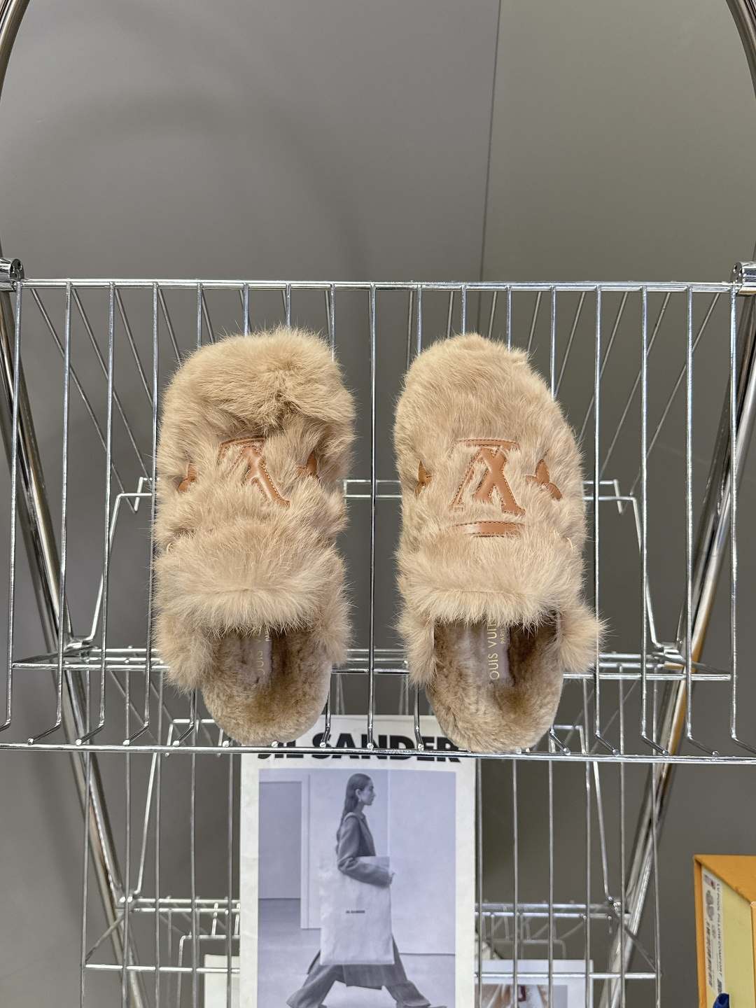 Designer Faux Fur Slippers - Luxury LV Monogram Beige Mules