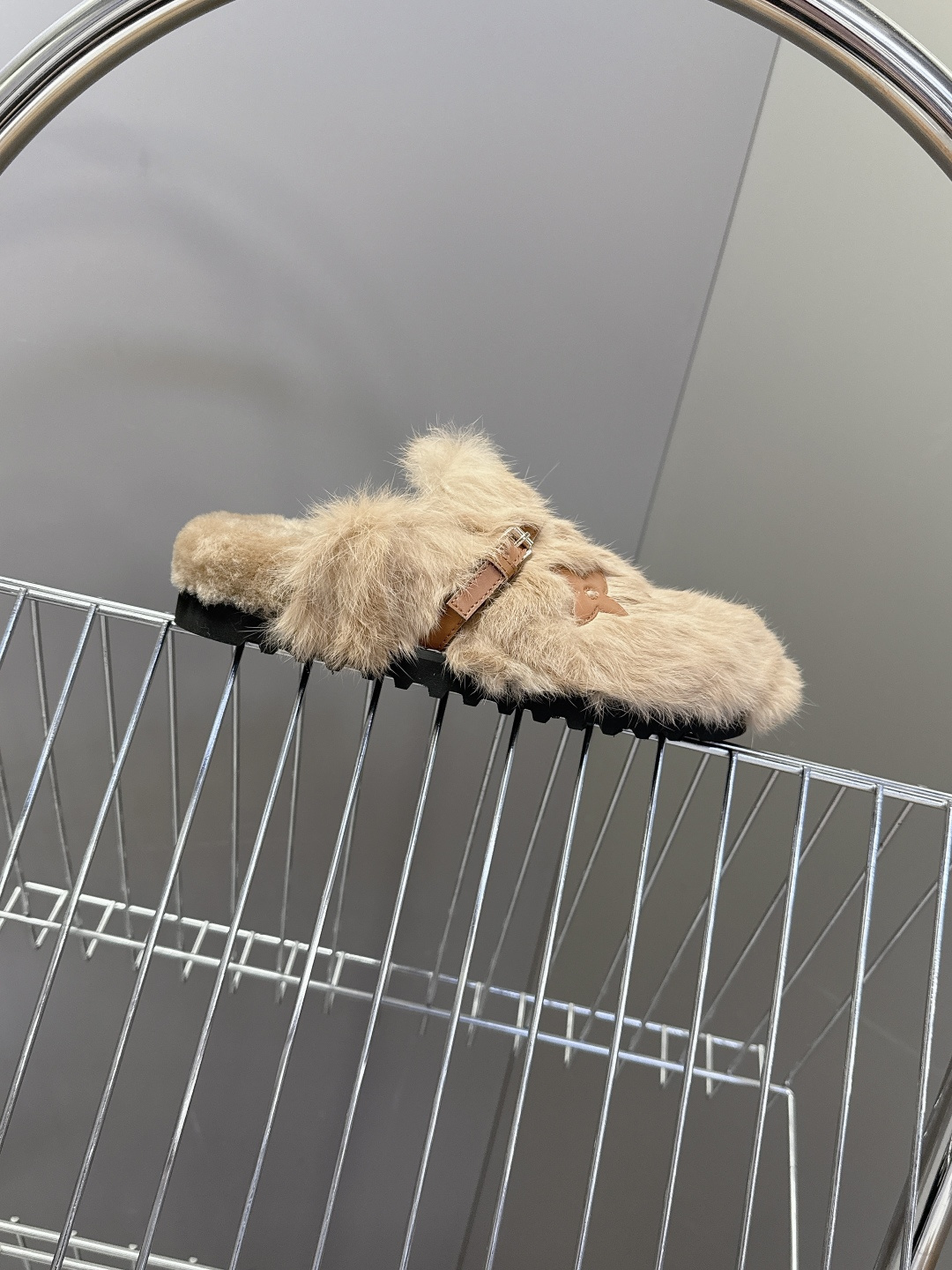 Designer Faux Fur Slippers - Luxury LV Monogram Beige Mules