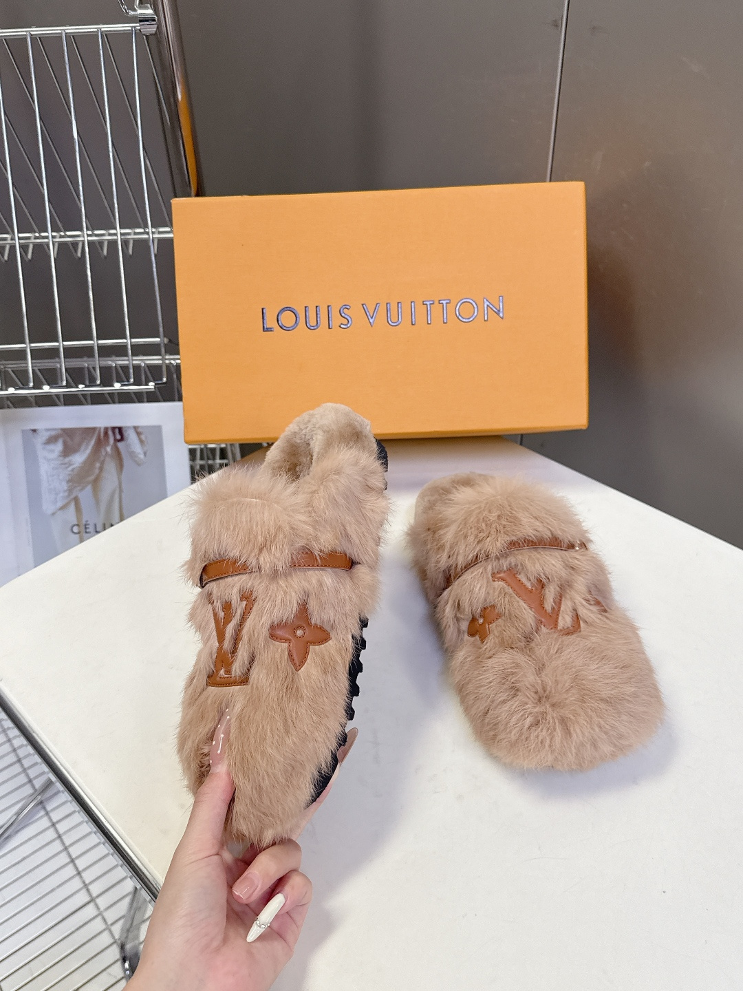 Designer Faux Fur Slippers - Luxury LV Monogram Beige Mules