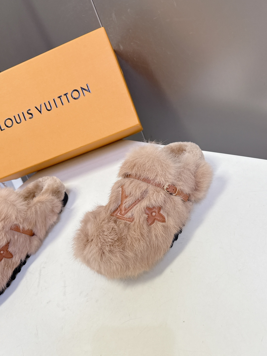Designer Faux Fur Slippers - Luxury LV Monogram Beige Mules