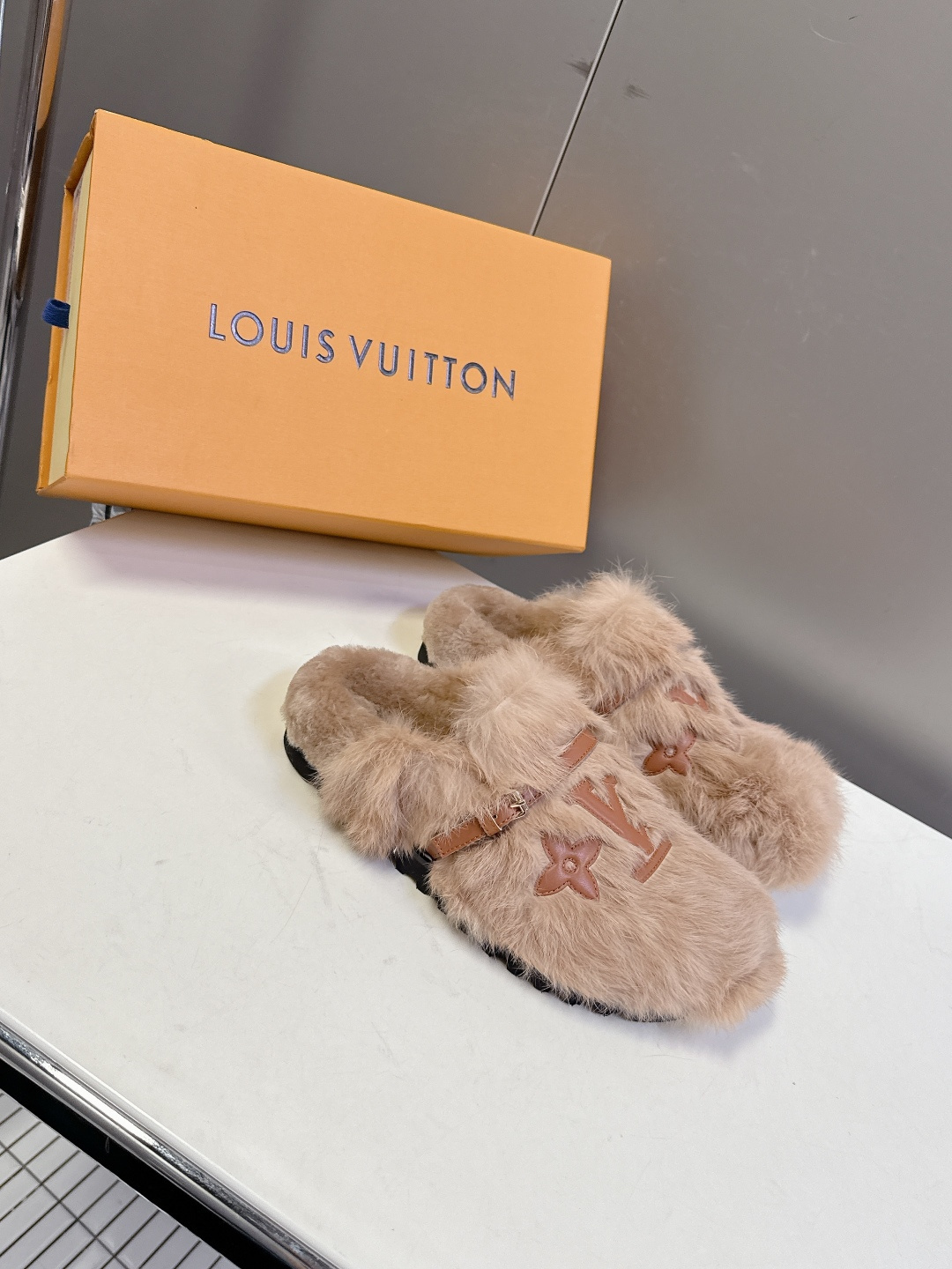 Designer Faux Fur Slippers - Luxury LV Monogram Beige Mules