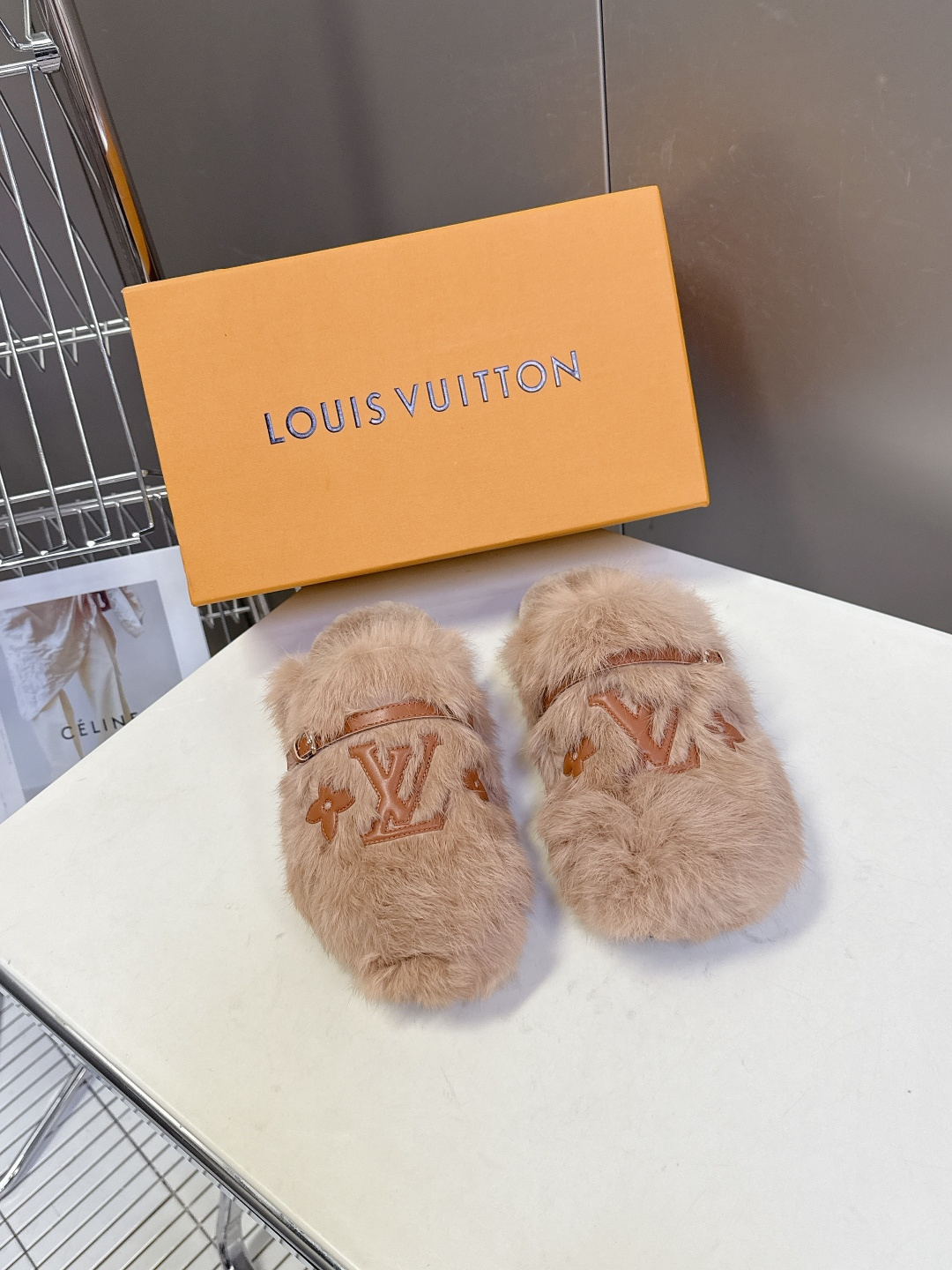 Designer Faux Fur Slippers – Luxury LV Monogram Beige Mules
