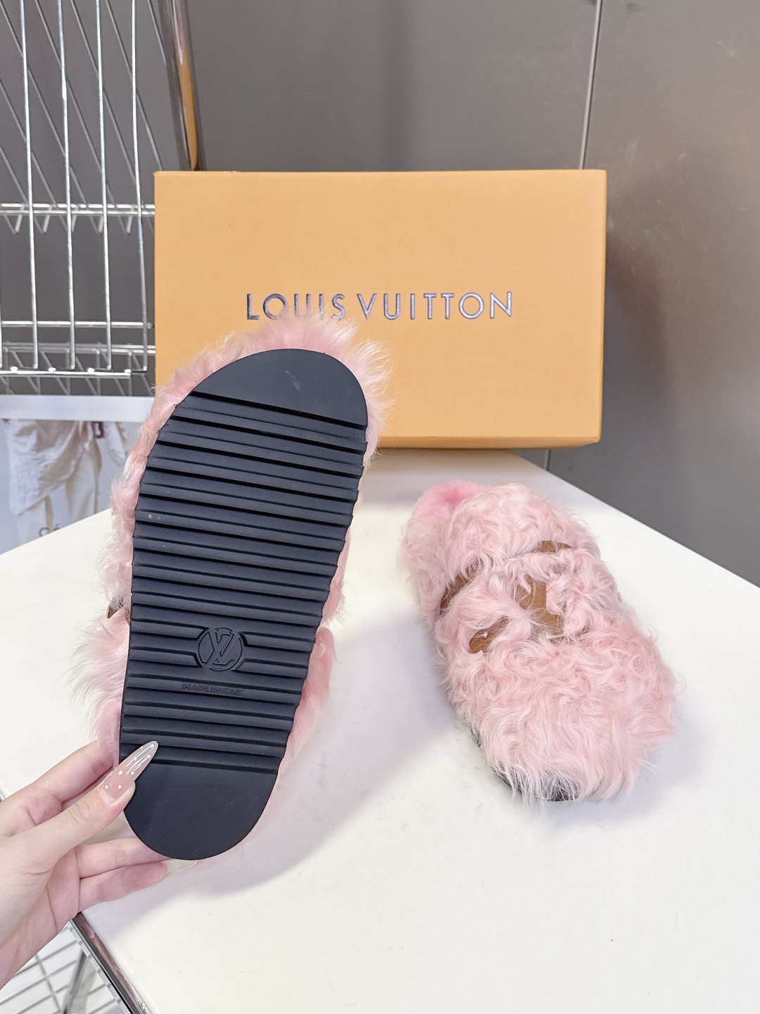 Louis Vuitton Pink Faux Fur Slippers - Luxury LV Logo Mules