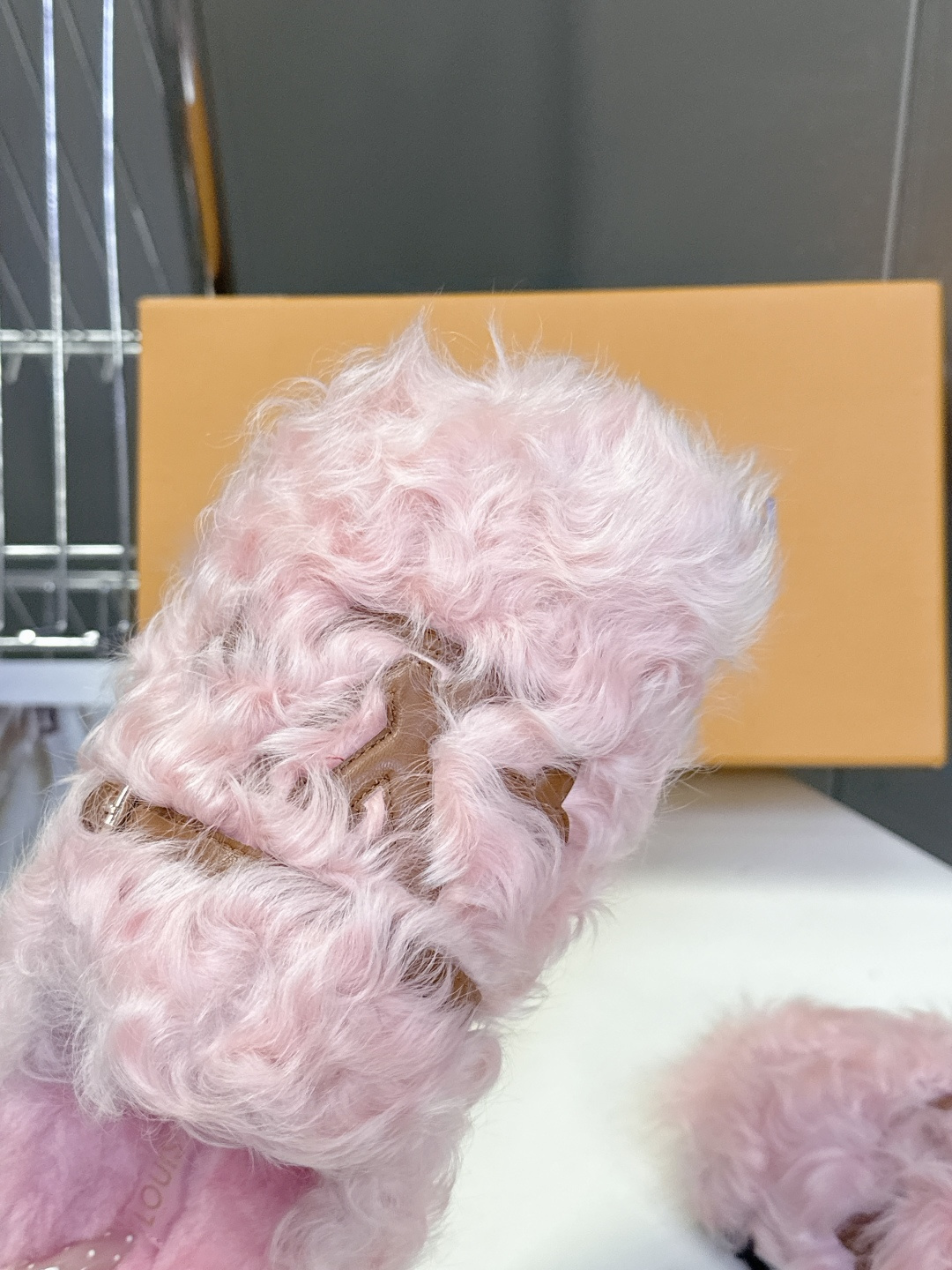 Louis Vuitton Pink Faux Fur Slippers - Luxury LV Logo Mules